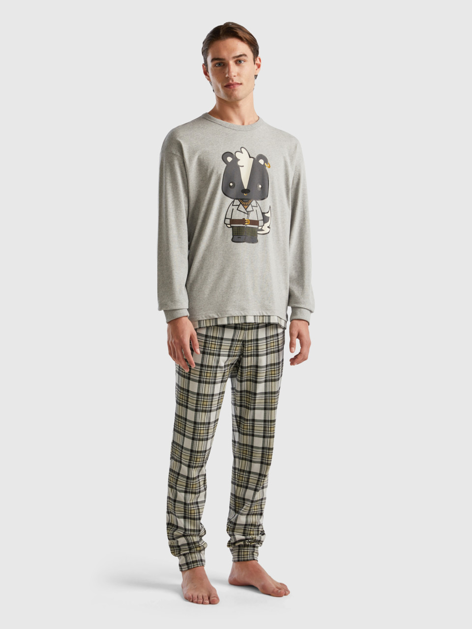 Benetton, Long Pyjamas With Mascot Print, Light Gray, Men