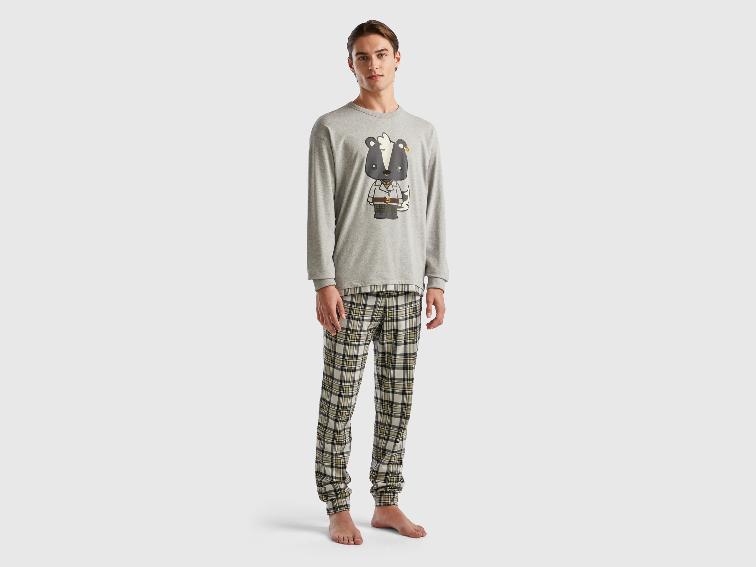 Benetton, Long Pyjamas With Mascot Print, size XL, Light Gray, Men