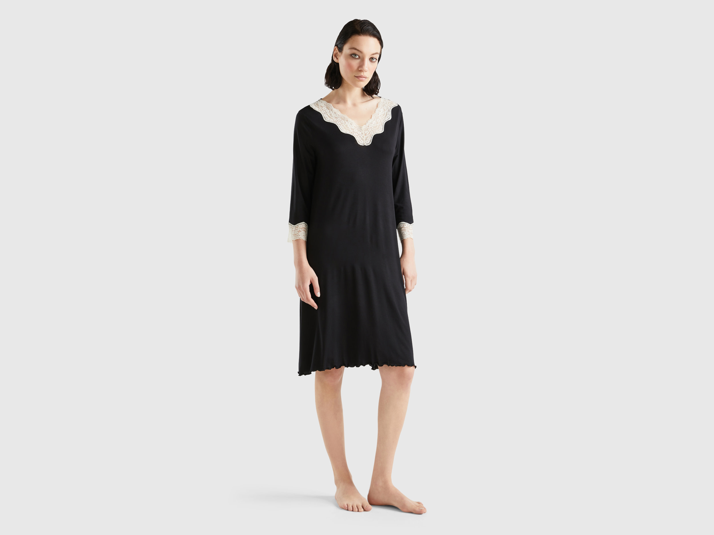 Benetton, Nightshirt With Lace Details, size XS, Black, Women