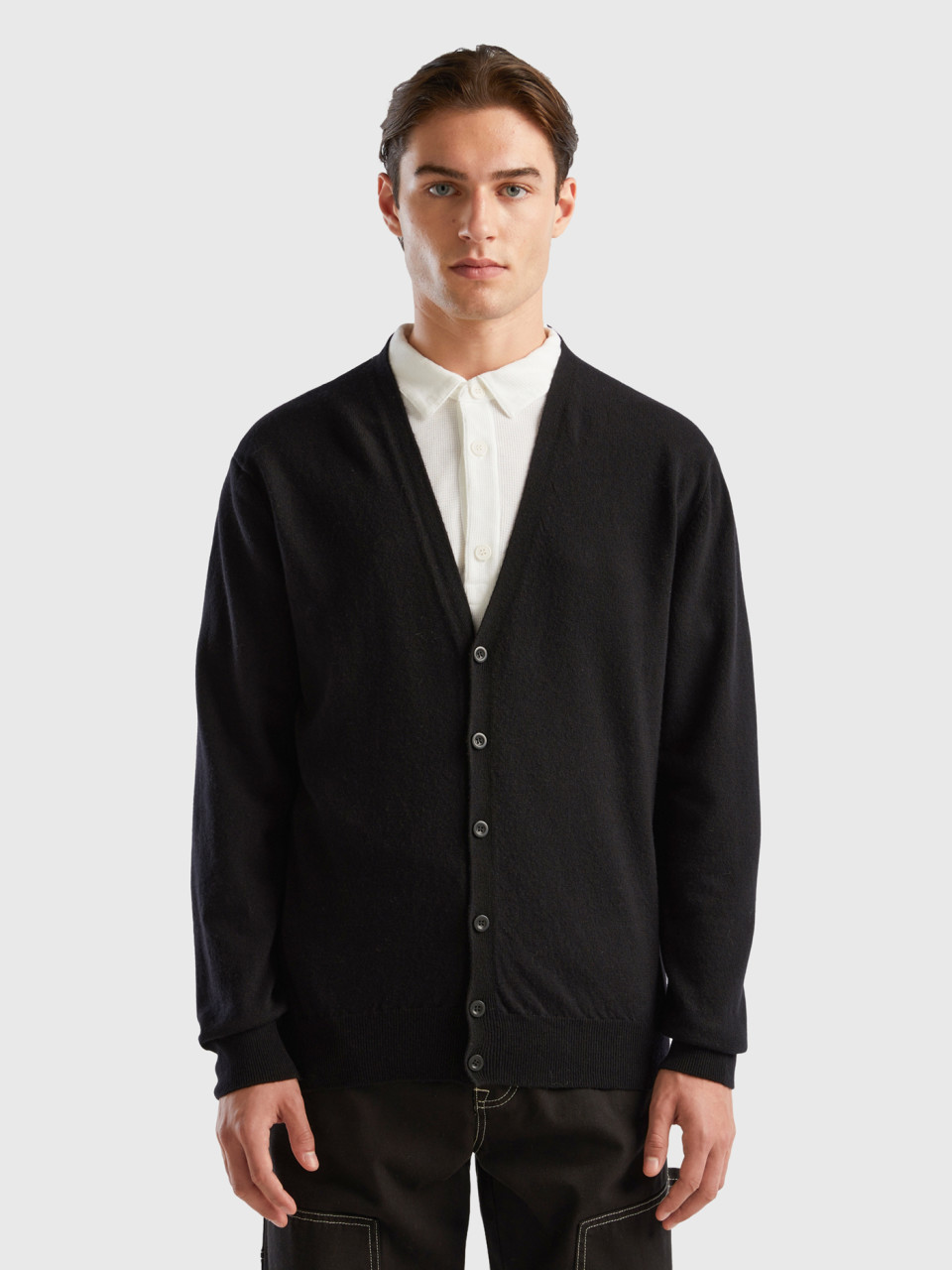 Benetton, Black V-neck Cardigan In Pure Merino Wool, Black, Men