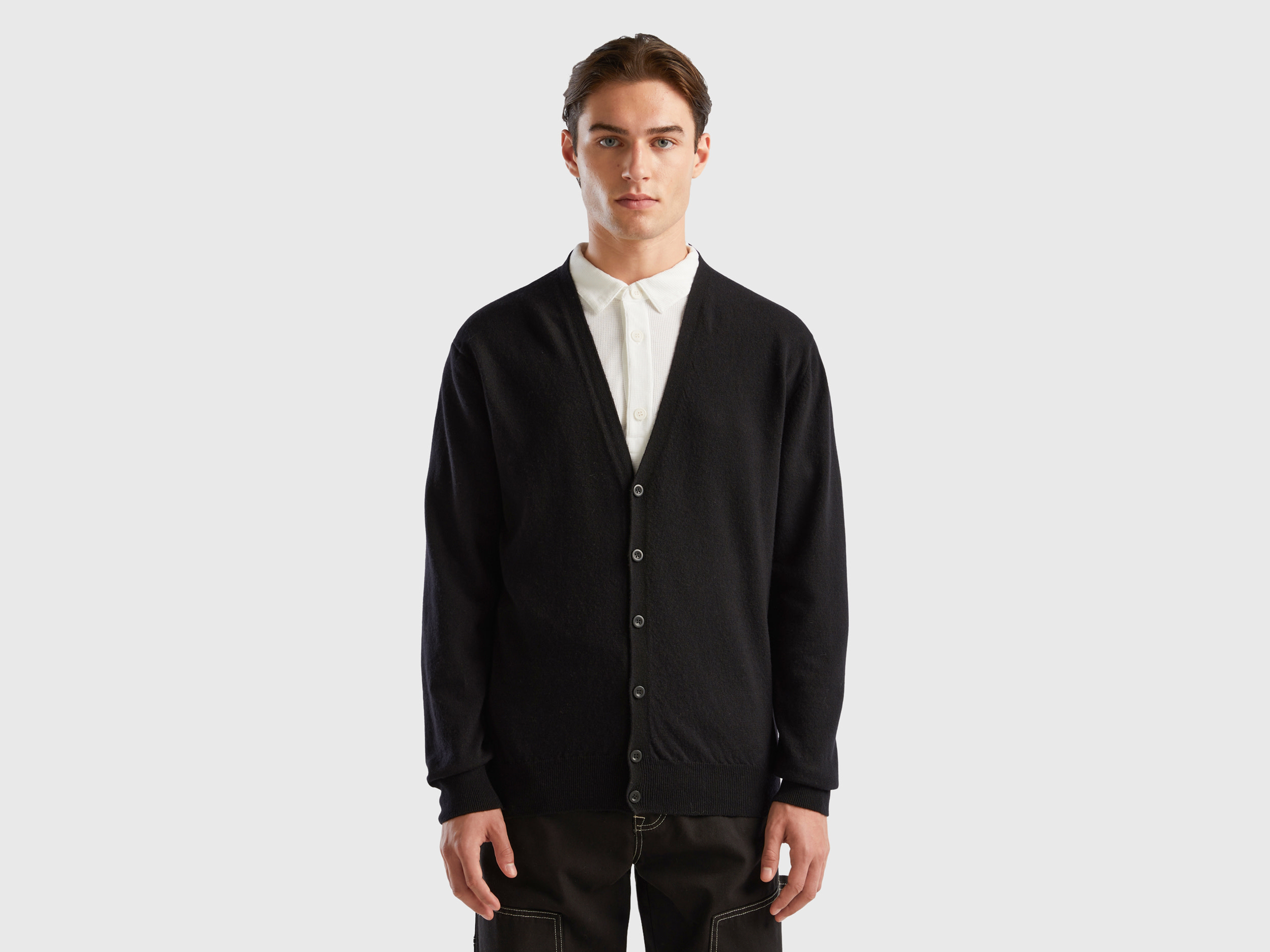 Benetton, Black V-neck Cardigan In Pure Merino Wool, size XL, Black, Men