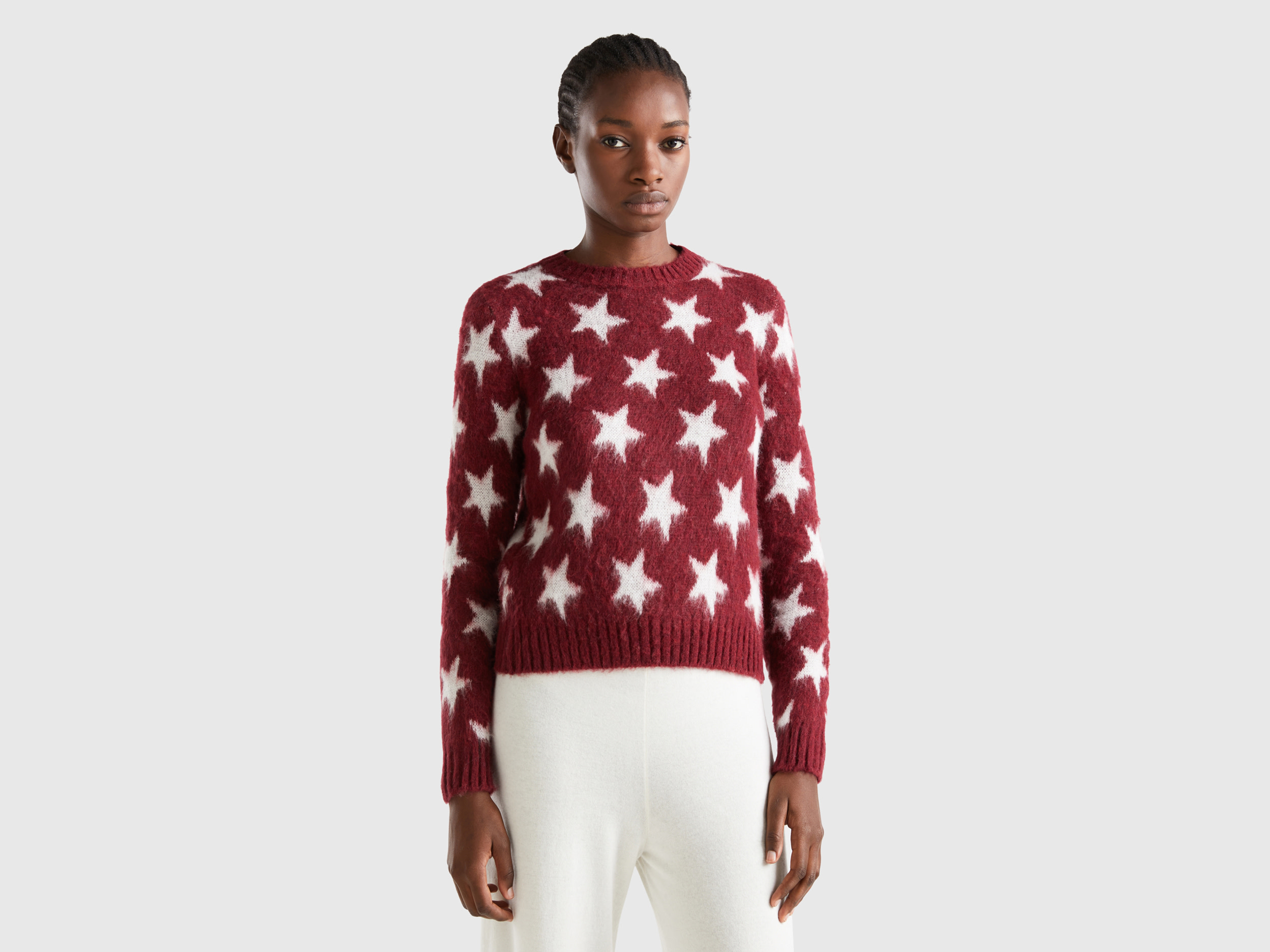 Benetton, Warm Sweater With Stars, size XL, Burgundy, Women