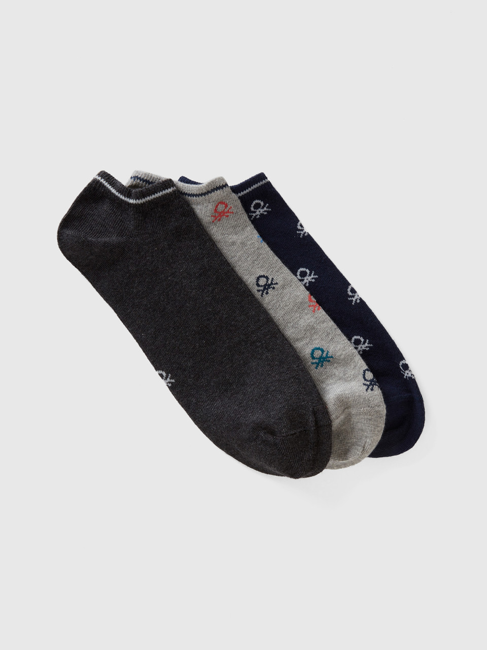 Benetton, Three Pairs Of Short Socks With Logo, Multi-color, Men