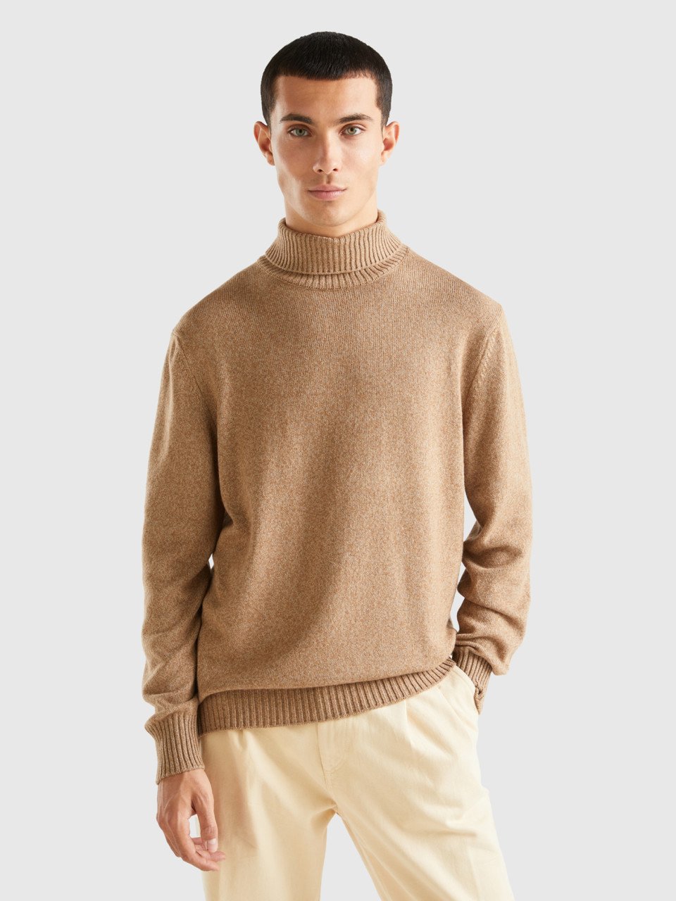 Benetton, Turtleneck Sweater In Cashmere And Wool Blend, Beige, Men