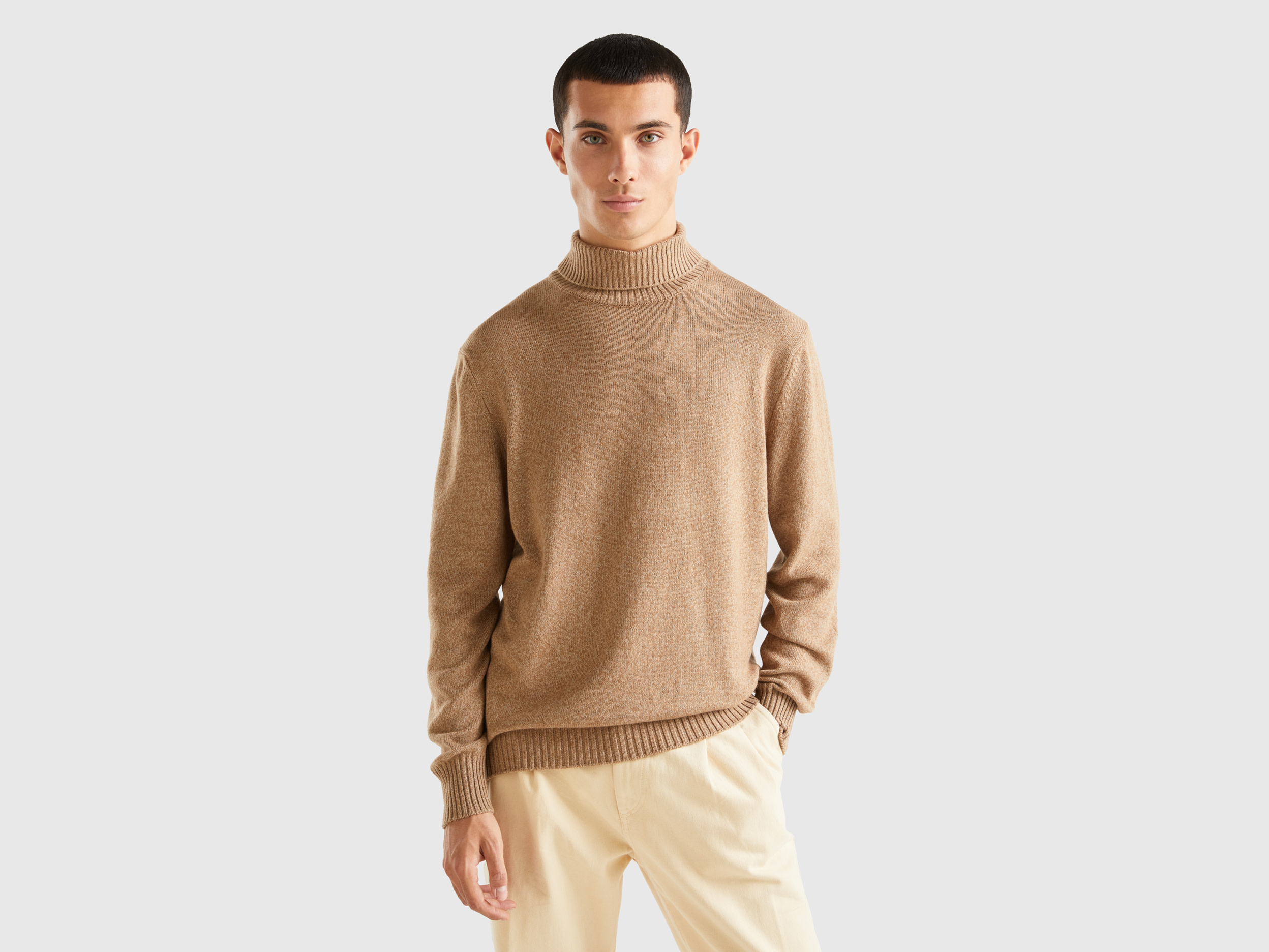 Benetton, Turtleneck Sweater In Cashmere And Wool Blend, size XXL, Beige, Men