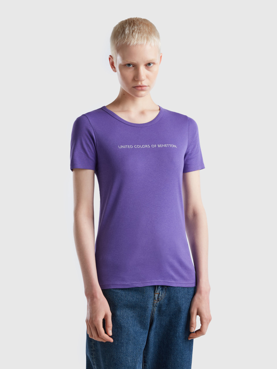 Benetton, T-shirt In 100% Cotton With Glitter Print Logo, Violet, Women