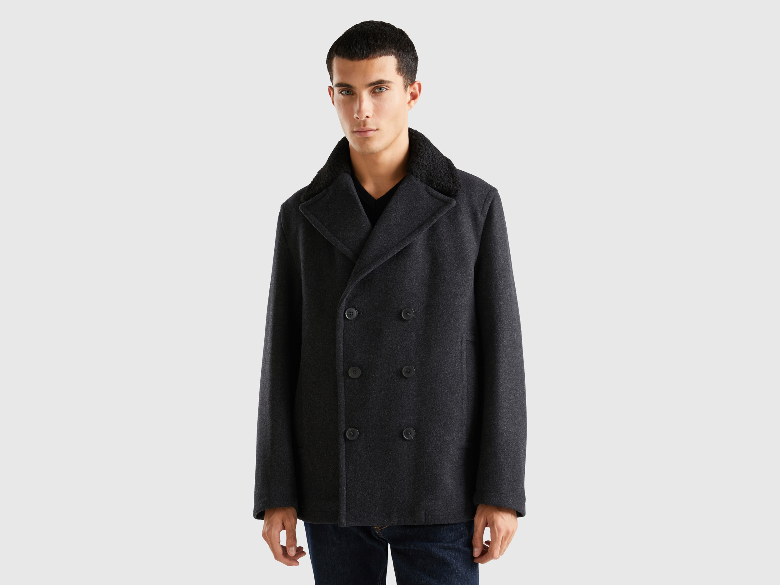 Benetton, Short Double-breasted Coat, size XL, Black, Men