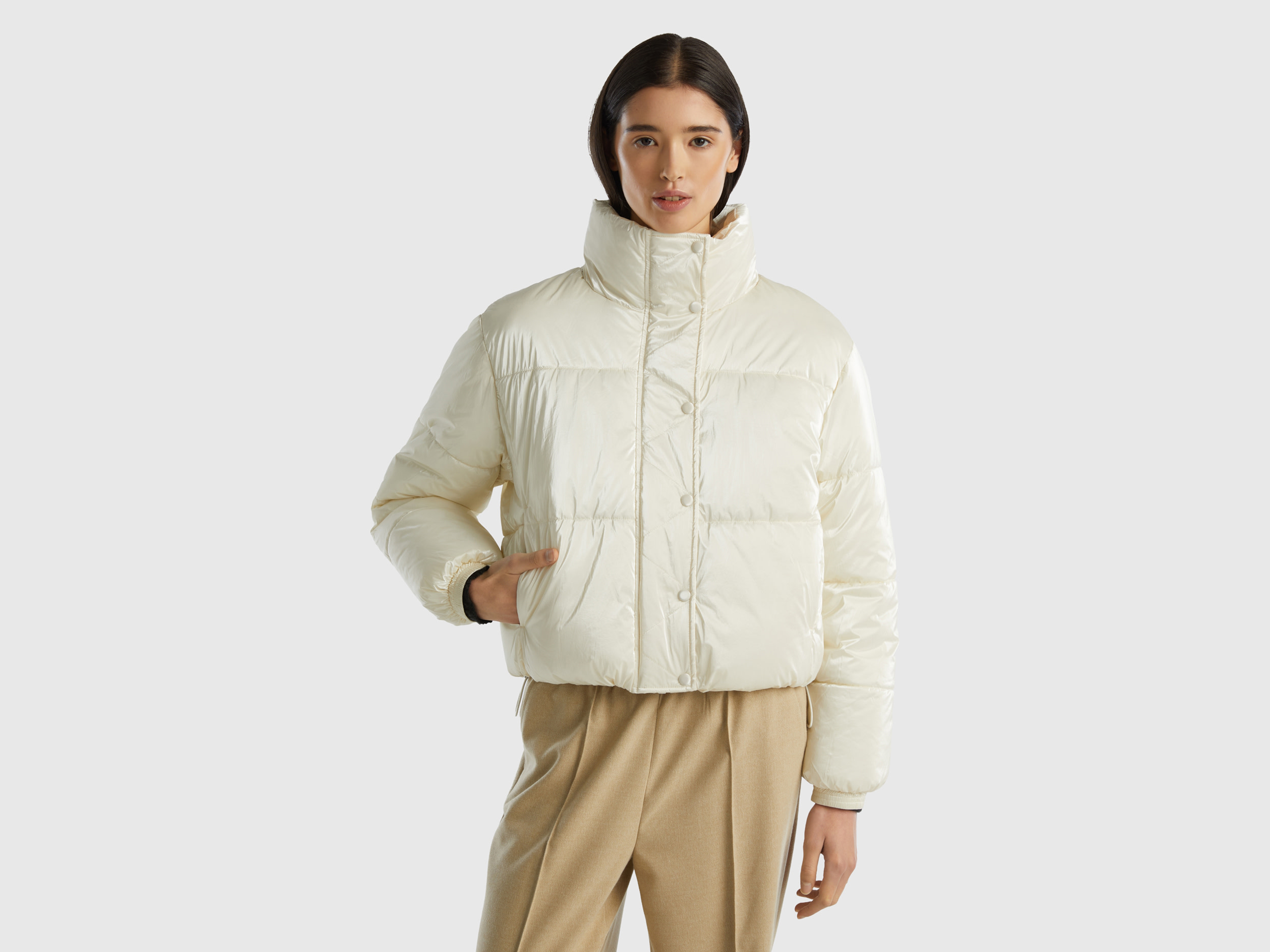 Benetton, Padded Jacket In Shiny Nylon, size L, Creamy White, Women