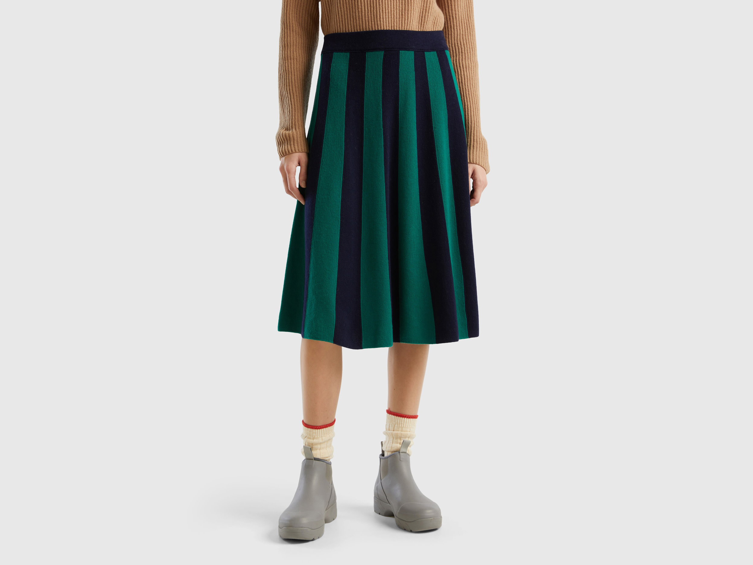 Benetton, Midi Skirt With Vertical Stripes, size M, Green, Women