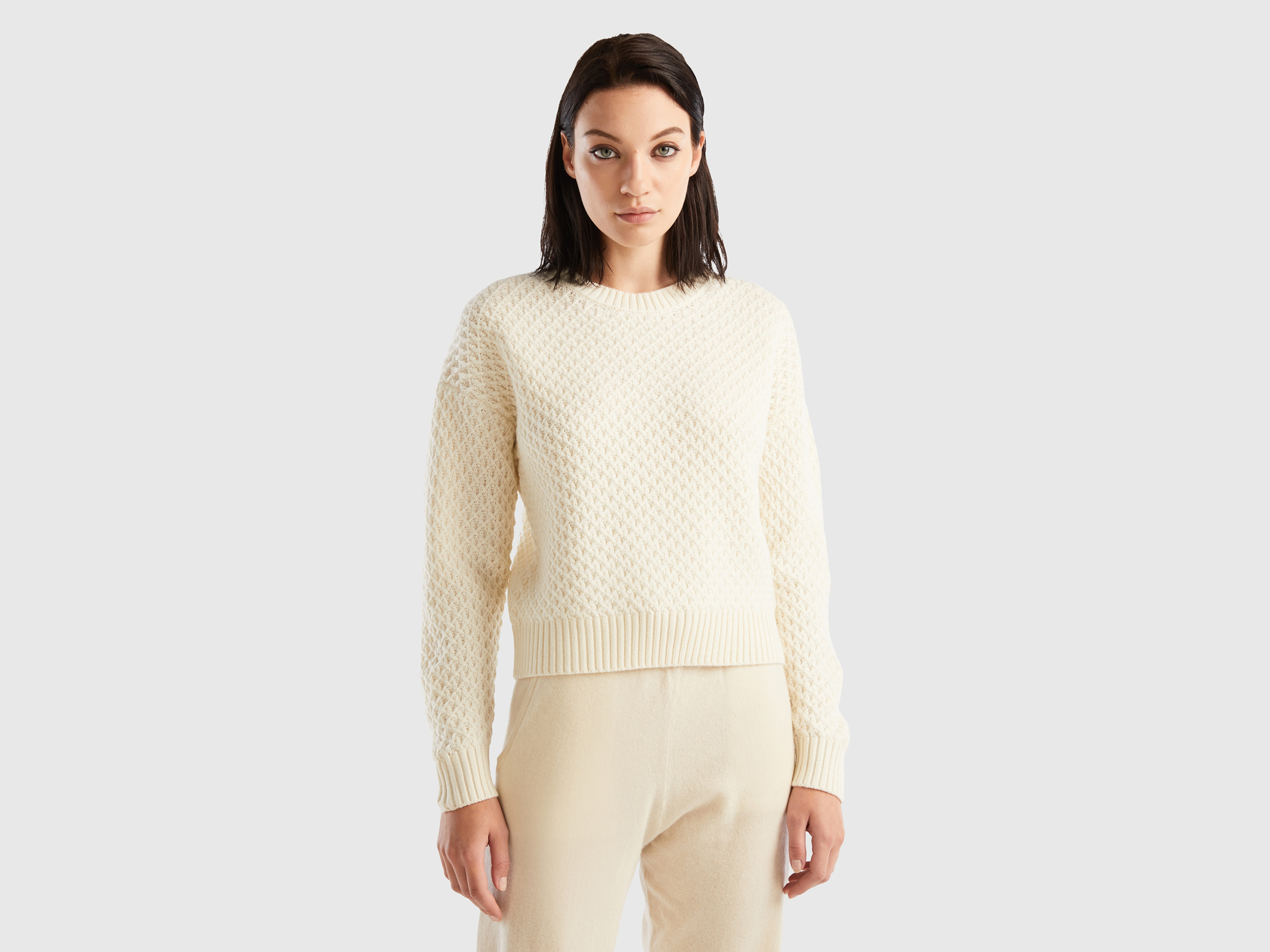 Benetton, Boxy Fit Knit Sweater, size M, Creamy White, Women
