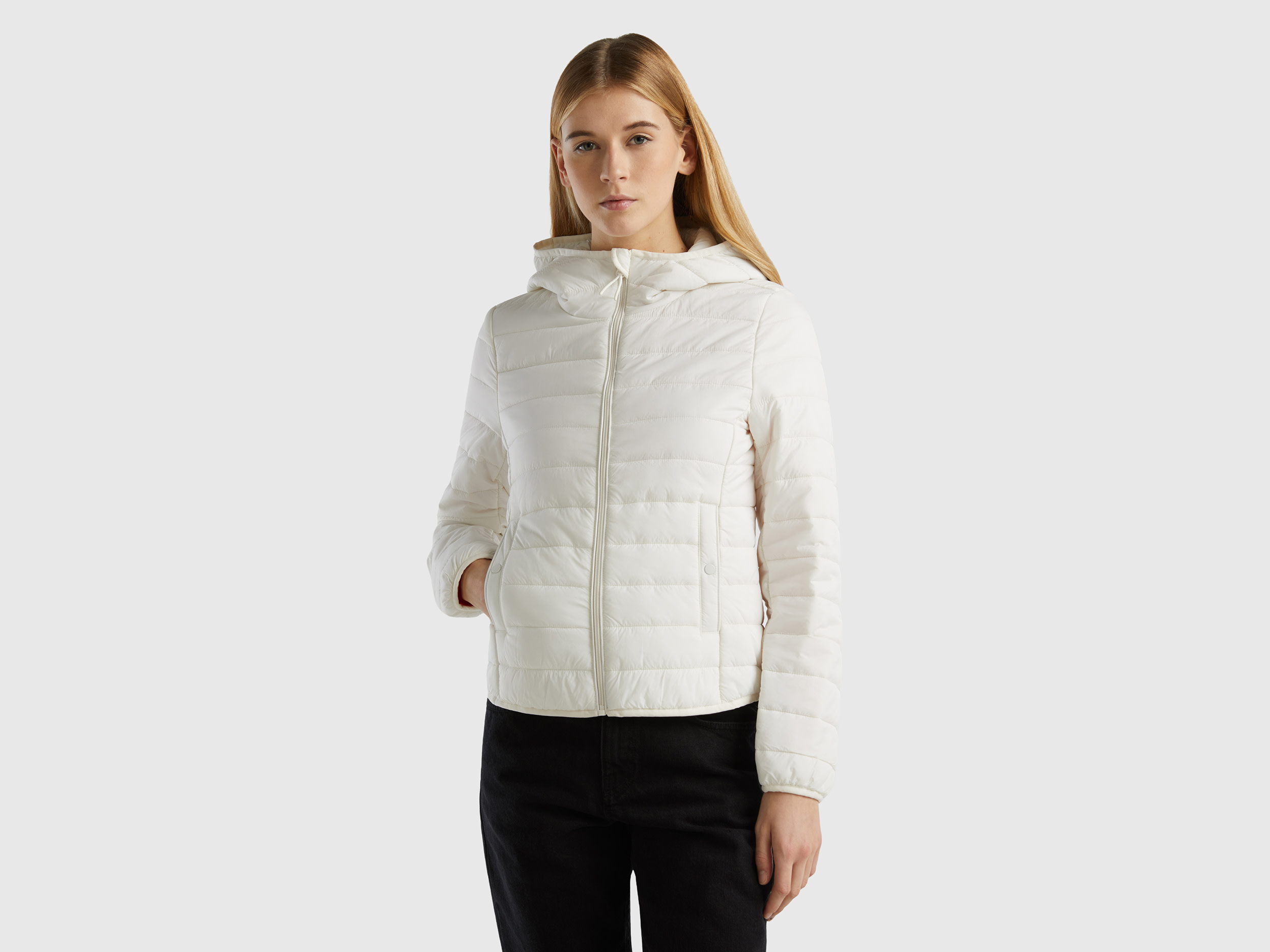 Benetton, Puffer Jacket With Recycled Wadding, size L, Creamy White, Women