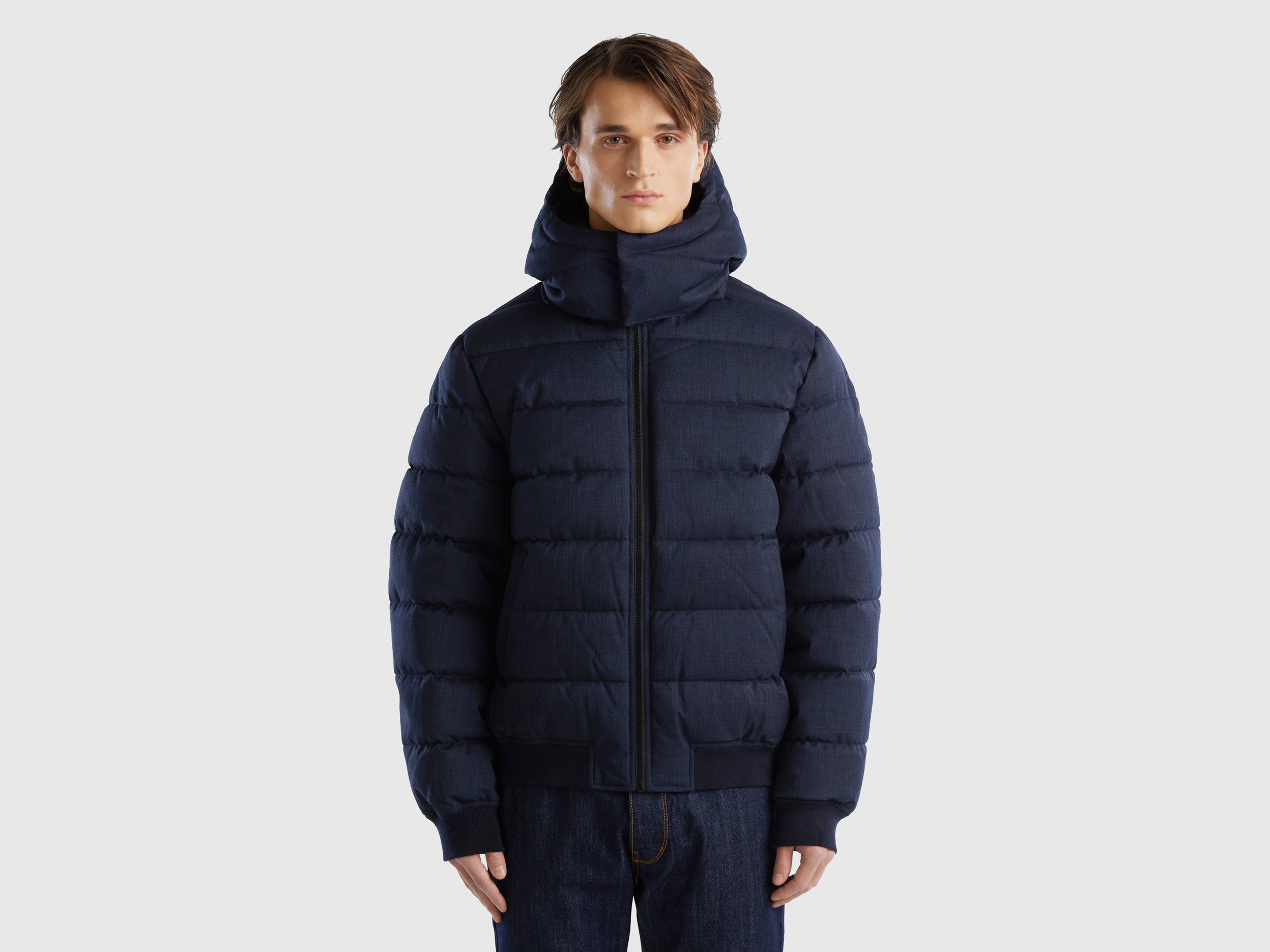 Benetton, Short Padded Jacket With Detachable Hood, size L, Dark Blue, Men