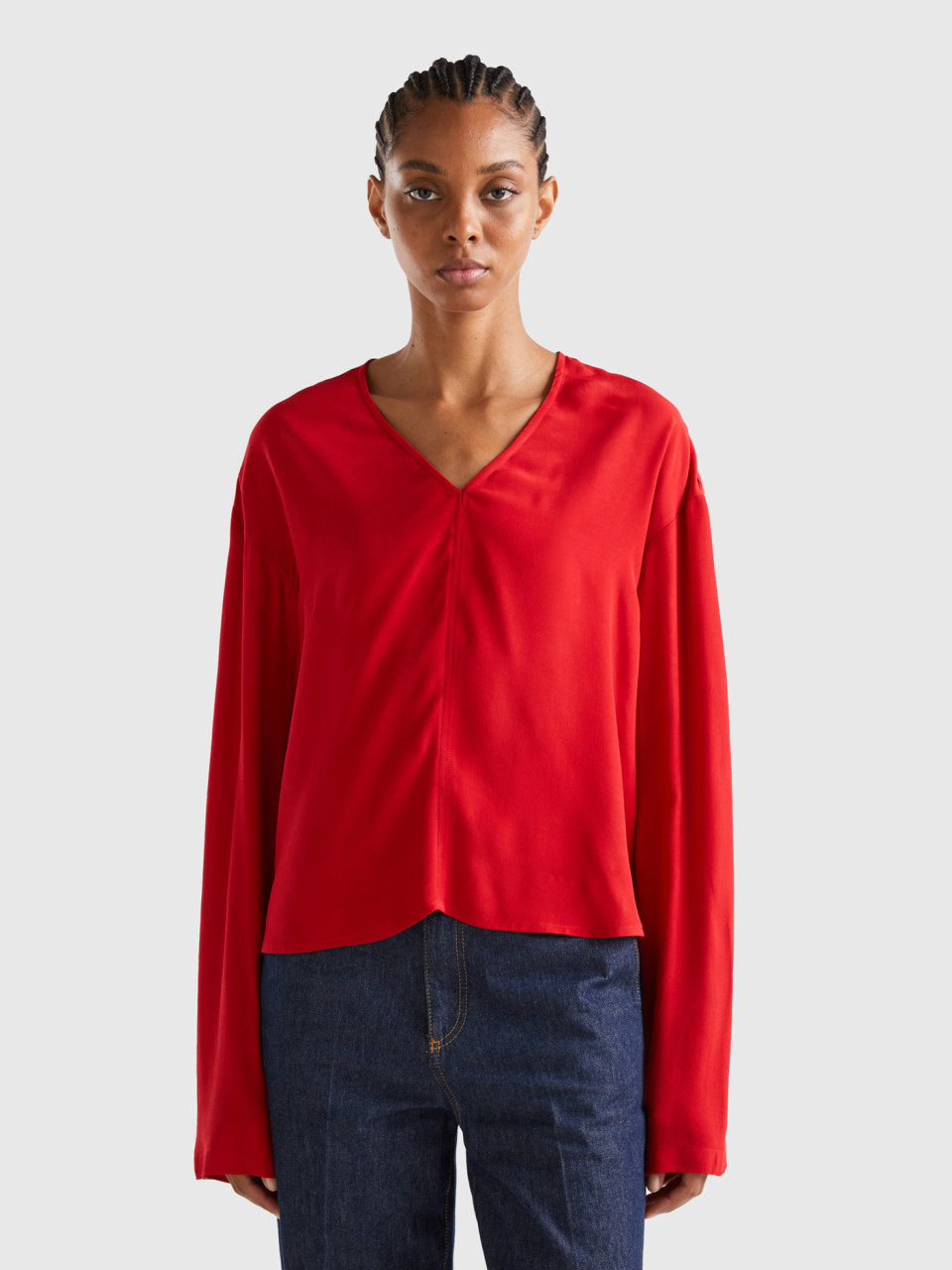 Benetton, Bluse Mit V-ausschnitt, Rot, female