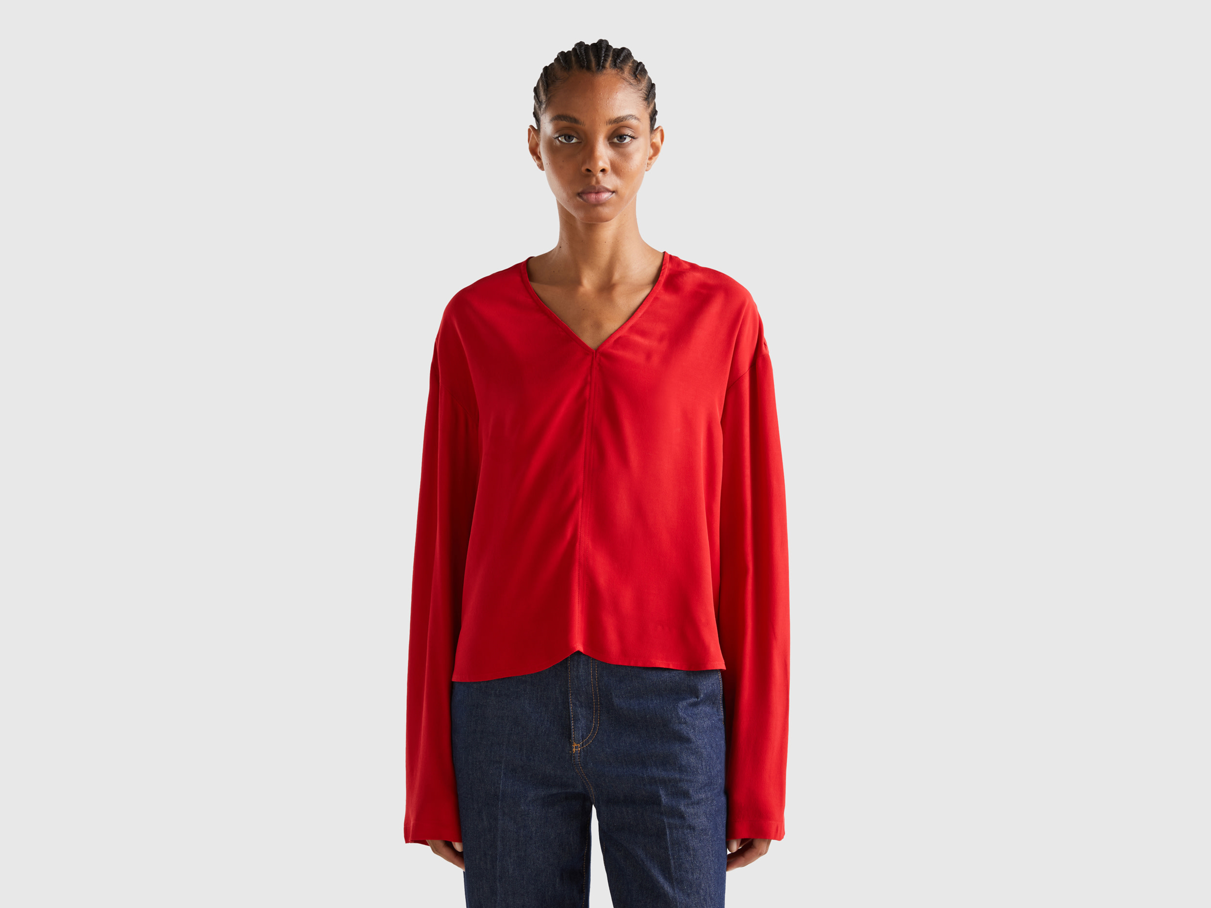 Benetton, Blouse With V-neck, size M, Red, Women