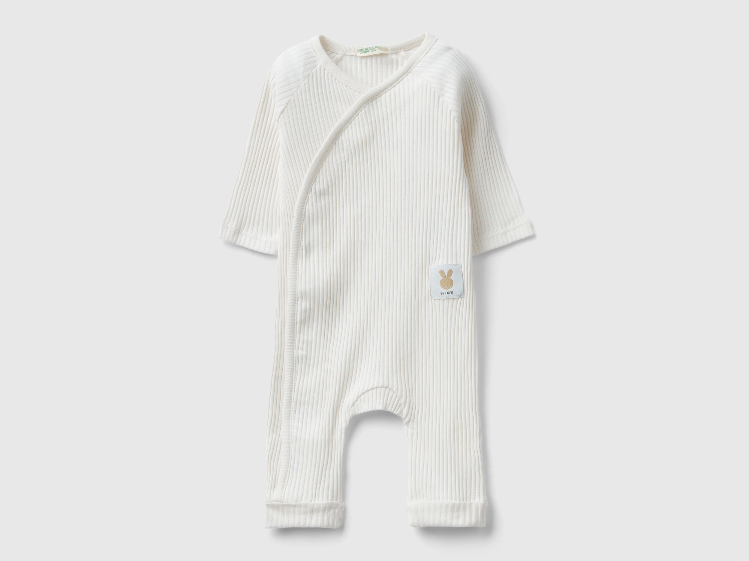 Image of Benetton, Ribbed Onesie In Organic Cotton, size 50, Creamy White, Kids