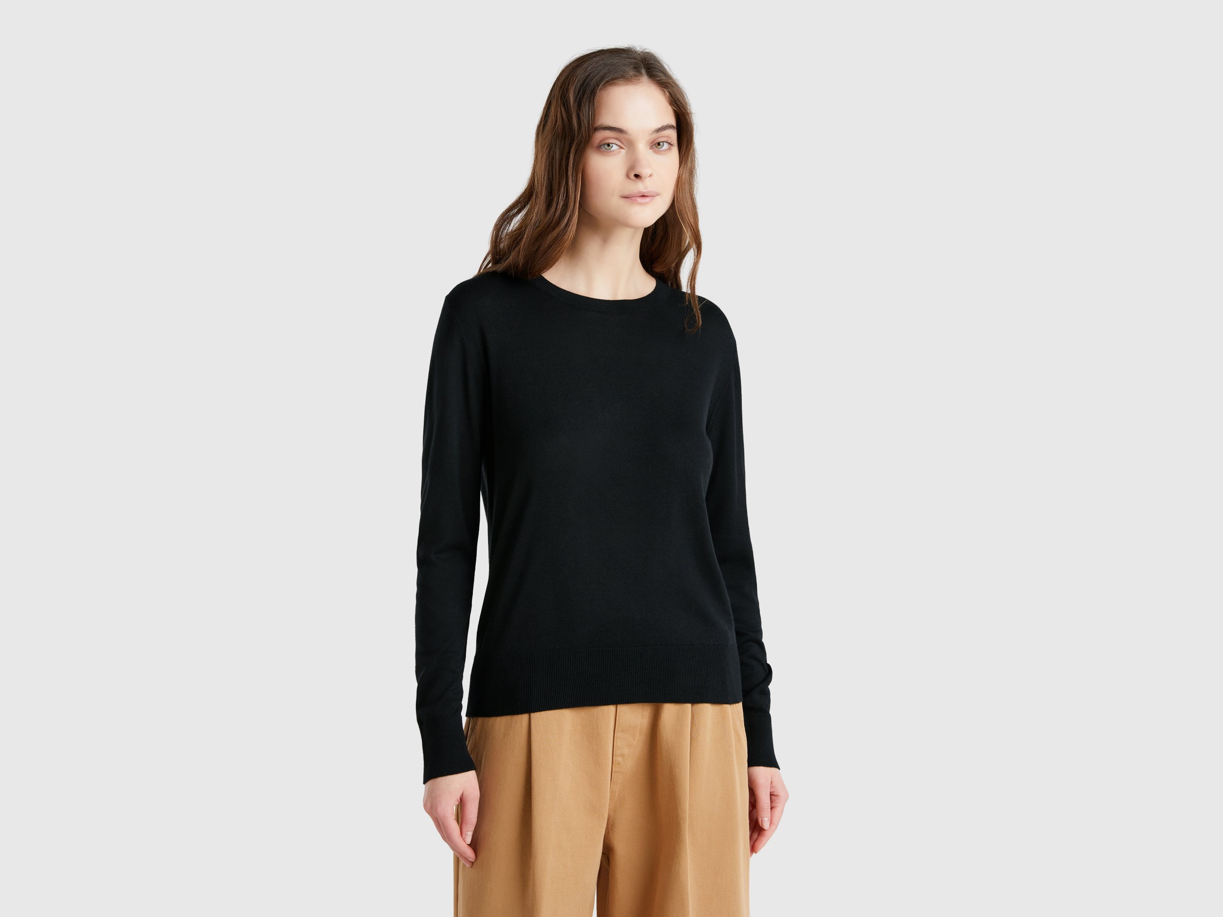 Benetton, Long Sleeve Sweater In Silk Blend, size XXS, Black, Women