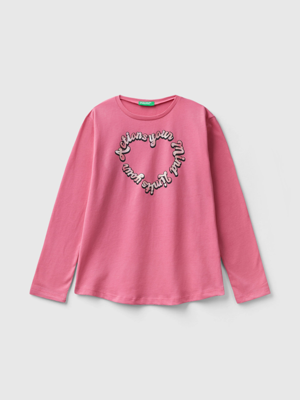 Benetton, Warm Cotton T-shirt With Glittery Print, Pink, Kids