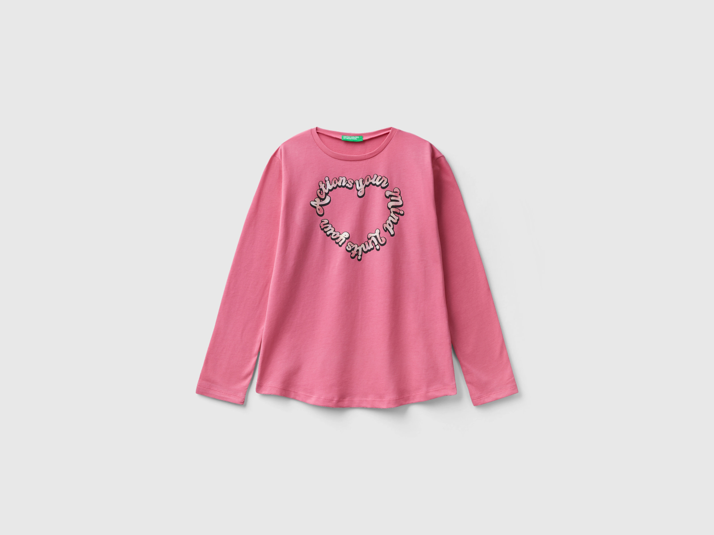 Benetton, Warm Cotton T-shirt With Glittery Print, size 2XL, Pink, Kids