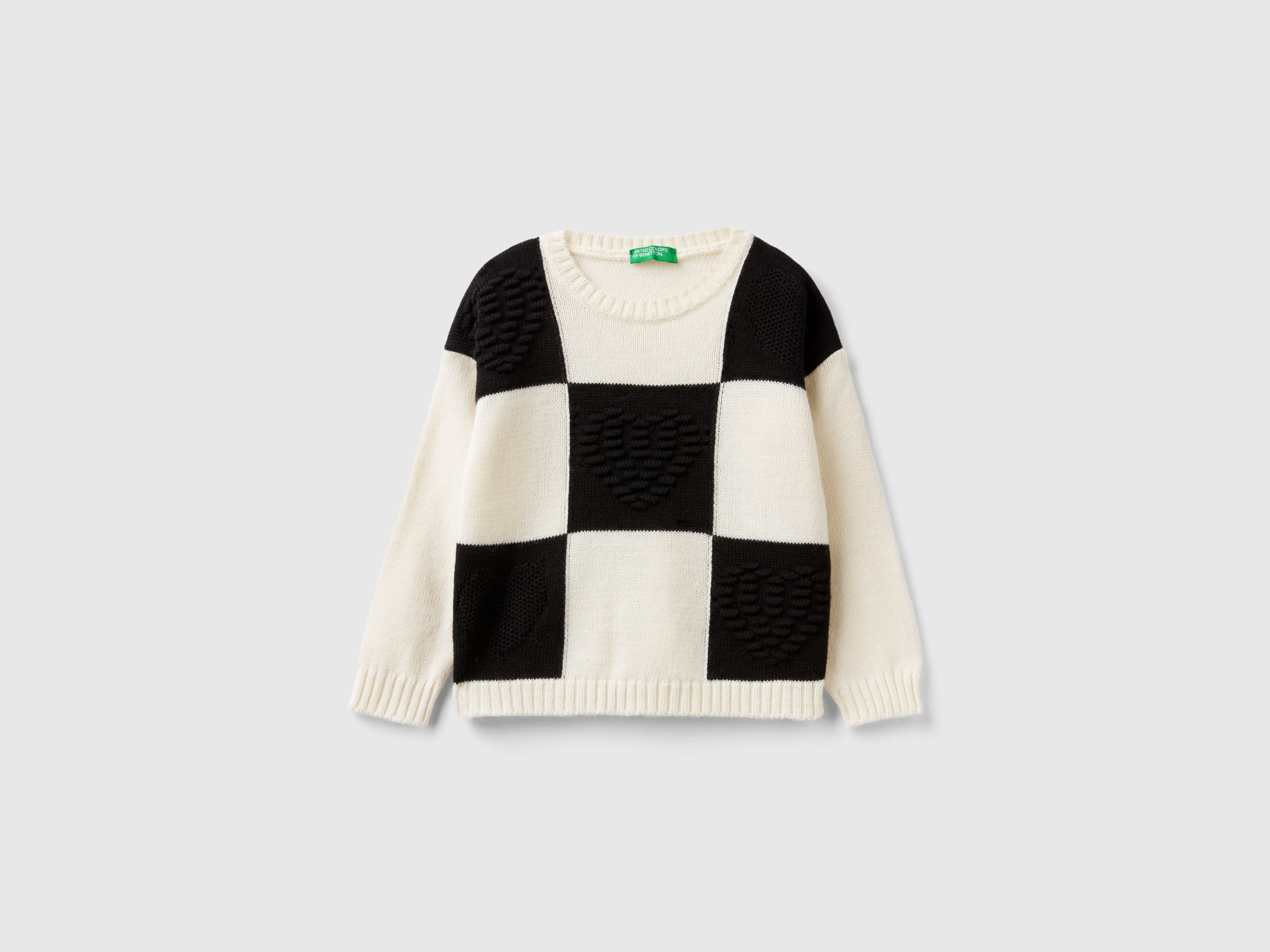 Benetton, Checkered Sweater With Hearts, size 5-6, Creamy White, Kids