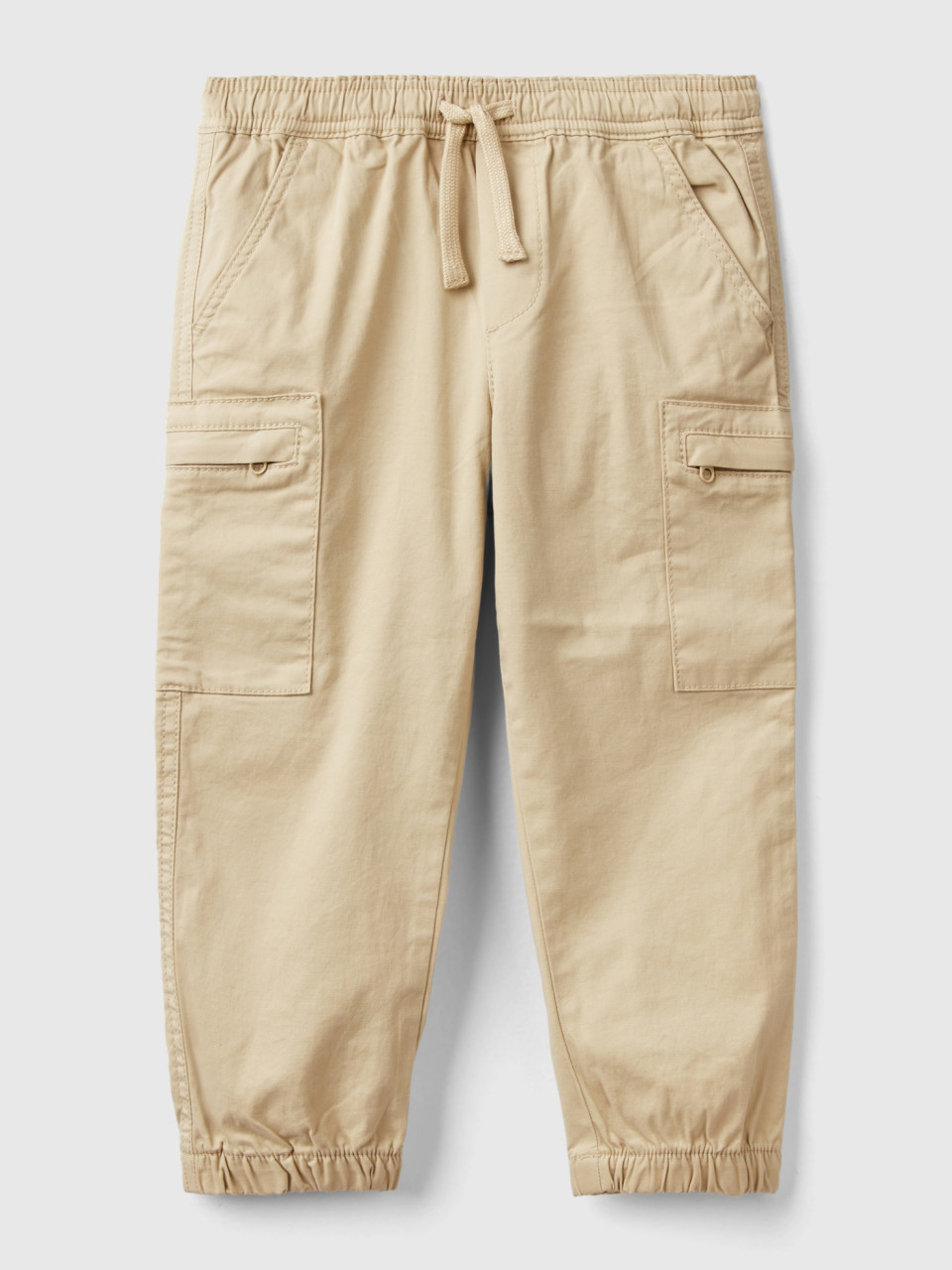 Benetton, Cargo Trousers With Drawstring, Beige, Kids