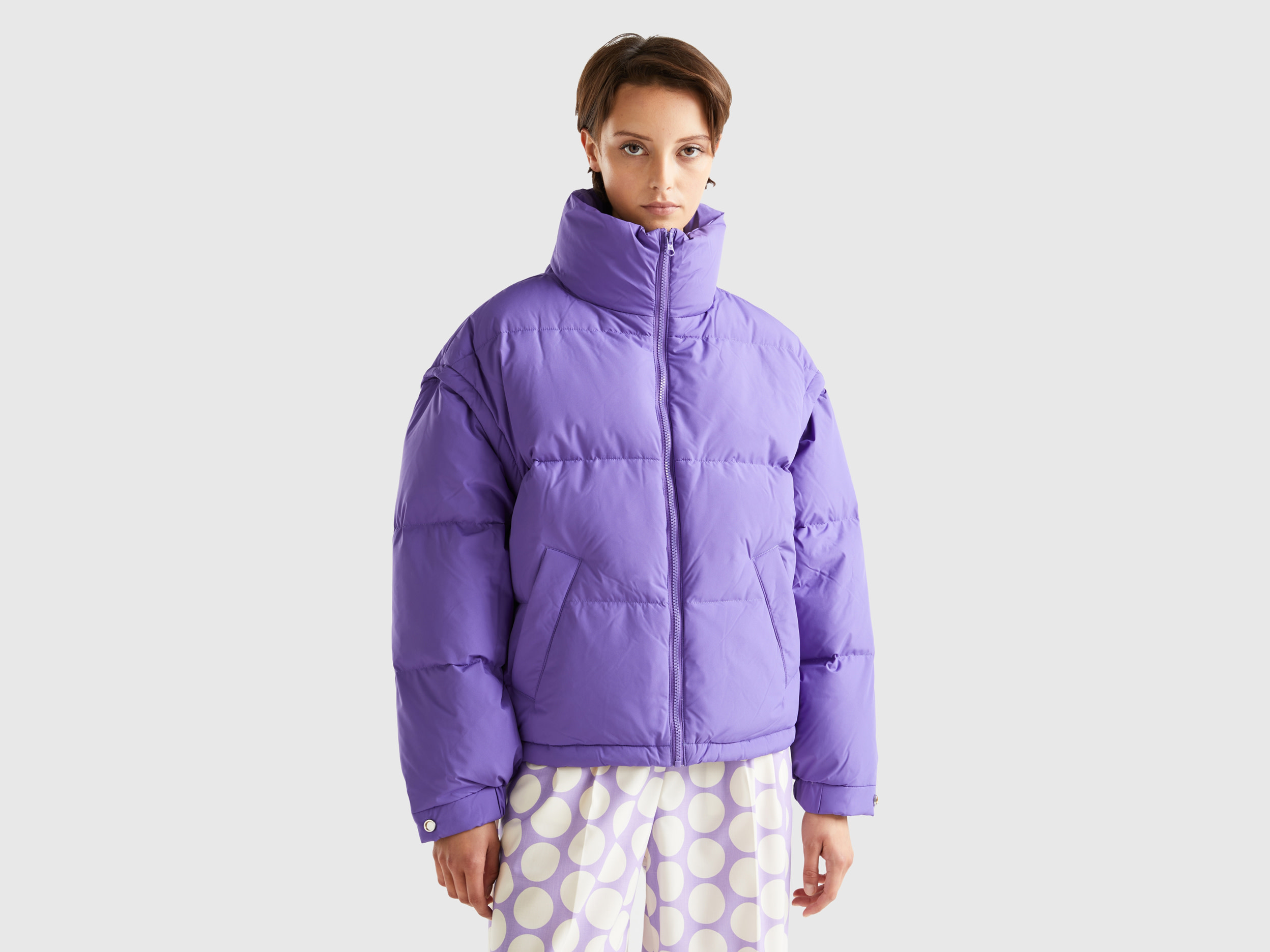 Benetton, Short Padded Jacket With Removable Sleeves, size XS, Violet, Women