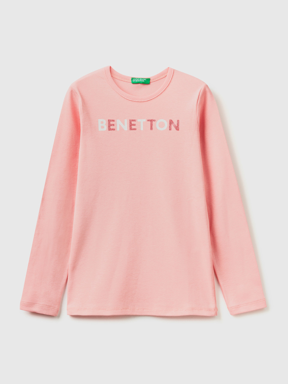 Benetton, Long Sleeve T-shirt With Glitter Print, Pink, Kids