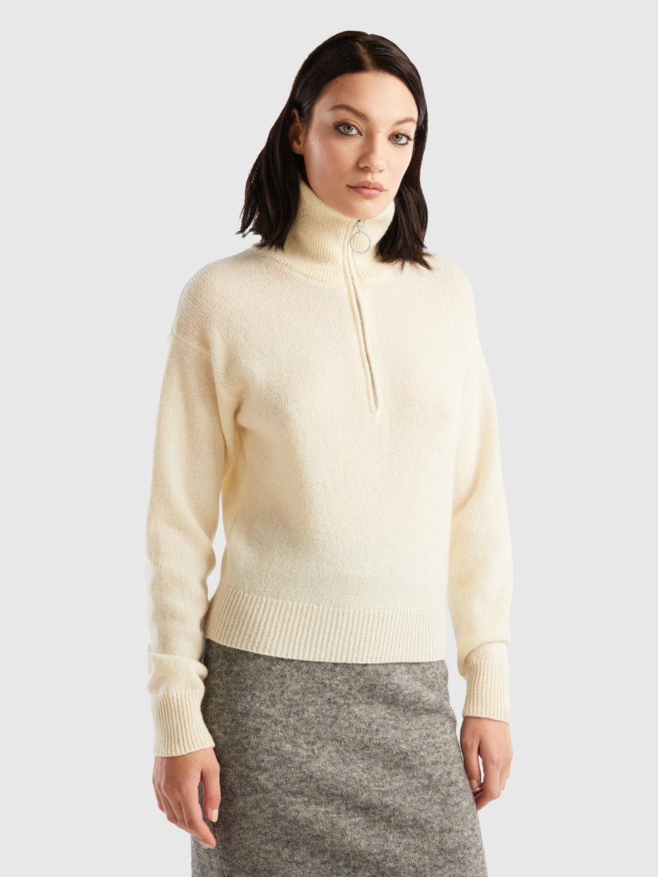 Benetton, High Neck Sweater In Pure Shetland Wool, Creamy White, Women
