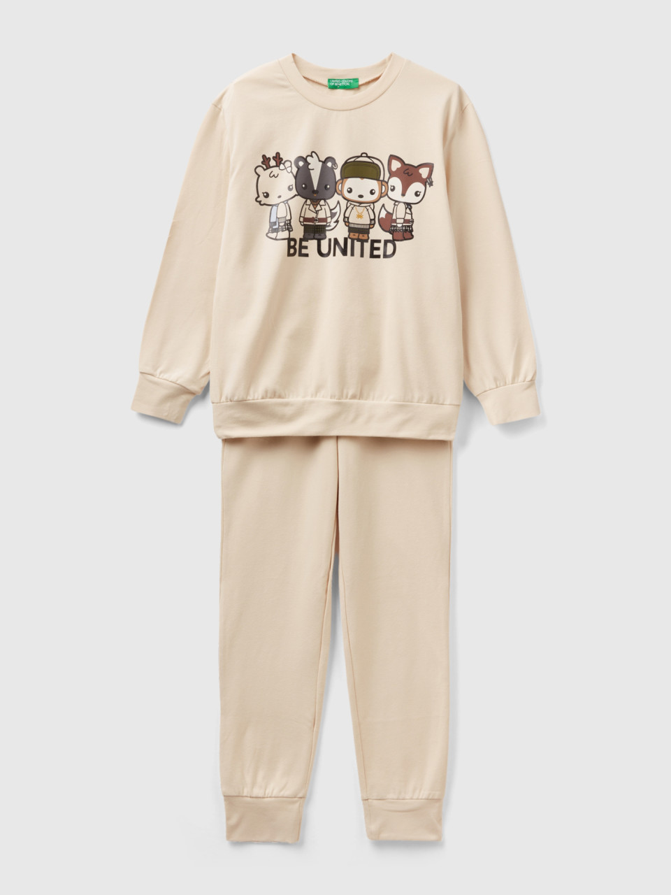 Benetton, Pyjama Mit Maskotte-print Aus Stretchiger Baumwolle, Beige, female