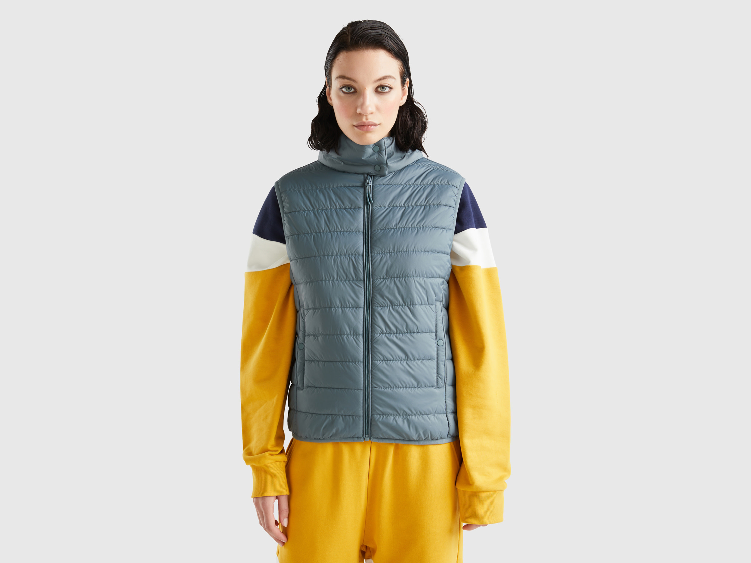 Benetton, Sleeveless Puffer Jacket With Recycled Wadding, size S, Dark Gray, Women