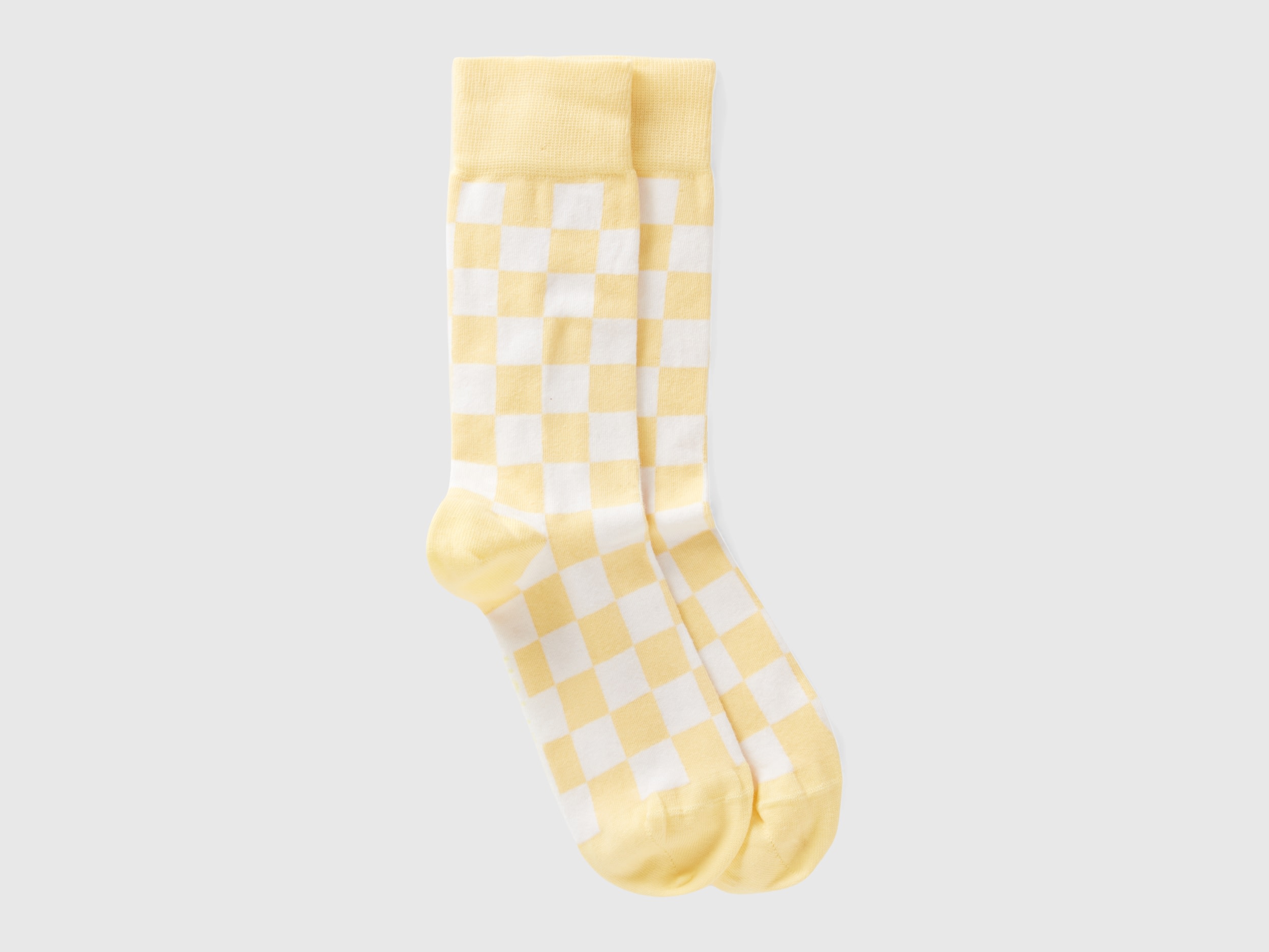 Benetton, White And Yellow Checkered Socks, size 8-11, Yellow, Women
