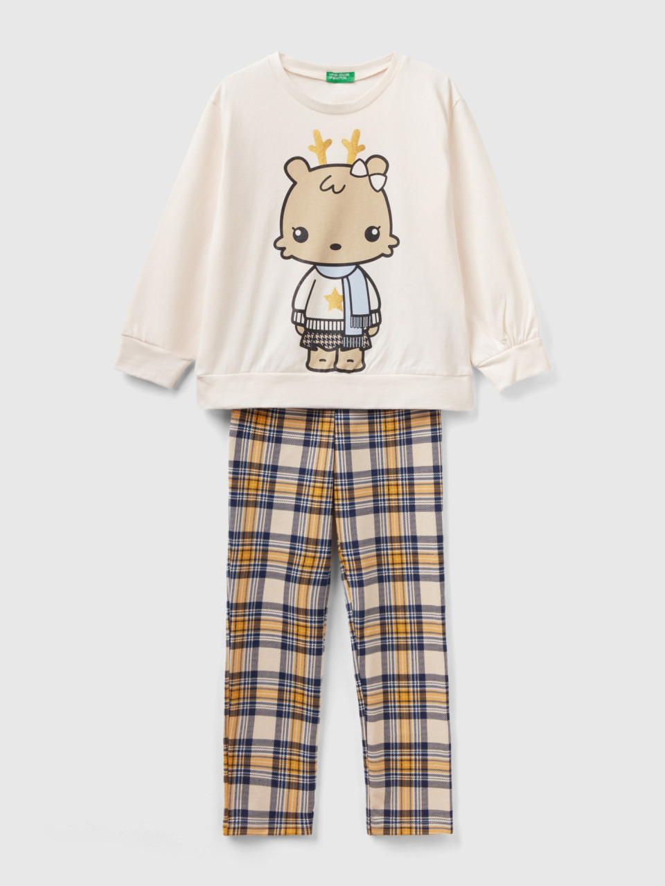 Benetton, Long Pyjamas With Mascot Print, Beige, Kids