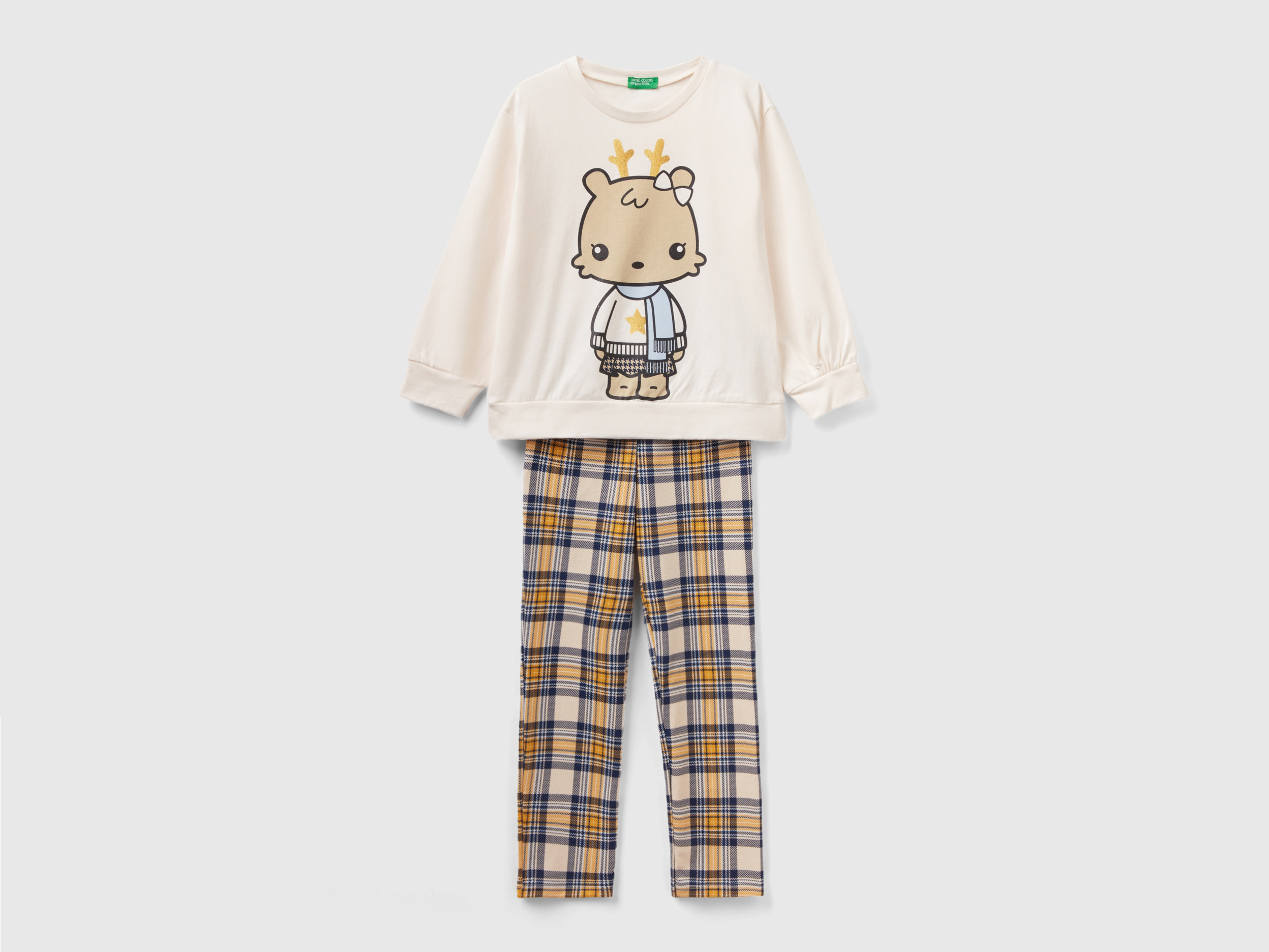 Benetton, Long Pyjamas With Mascot Print, size 18-24, Beige, Kids