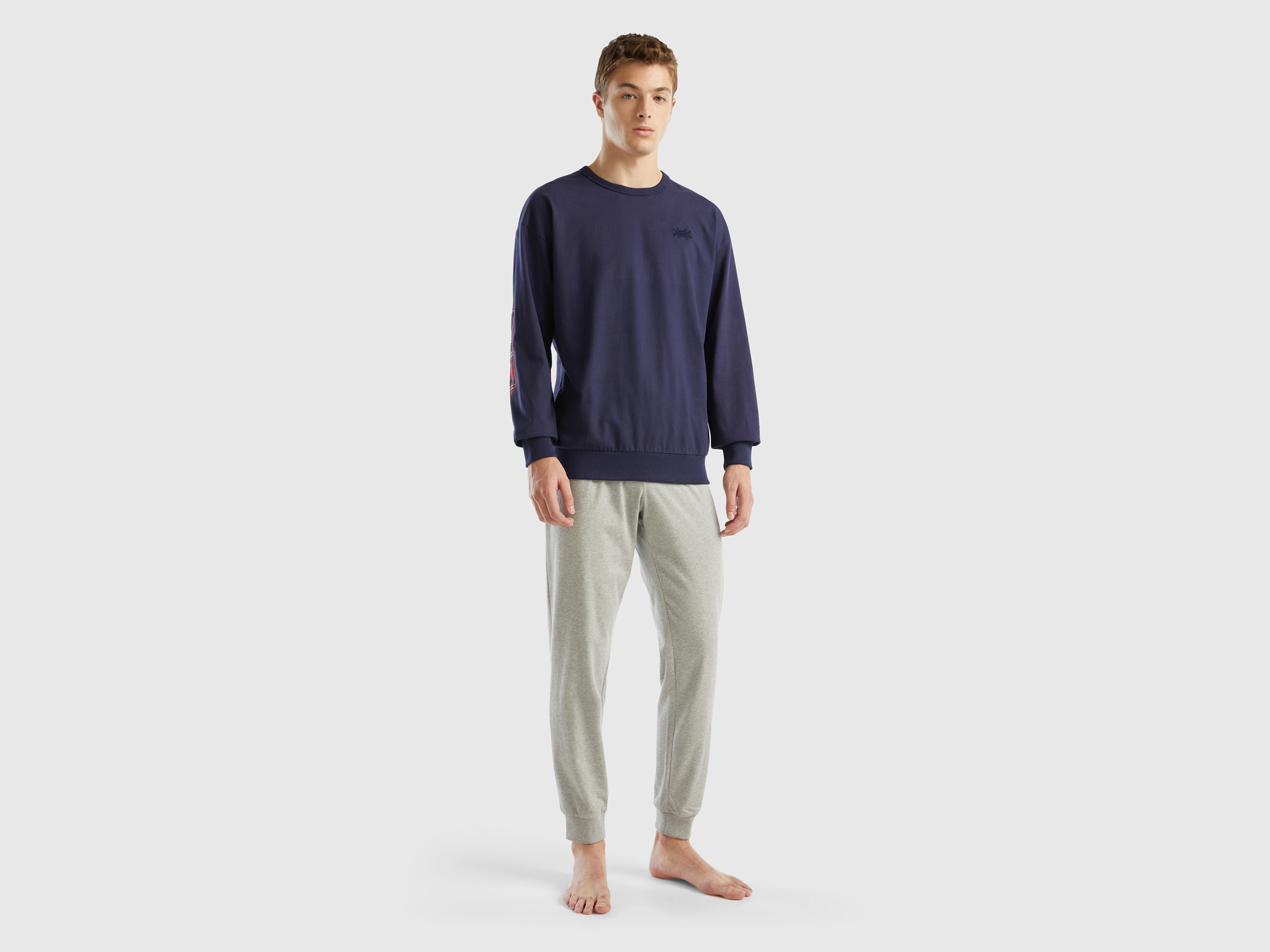 Benetton, Warm Pyjamas With Tartan Details, size S, Dark Blue, Men