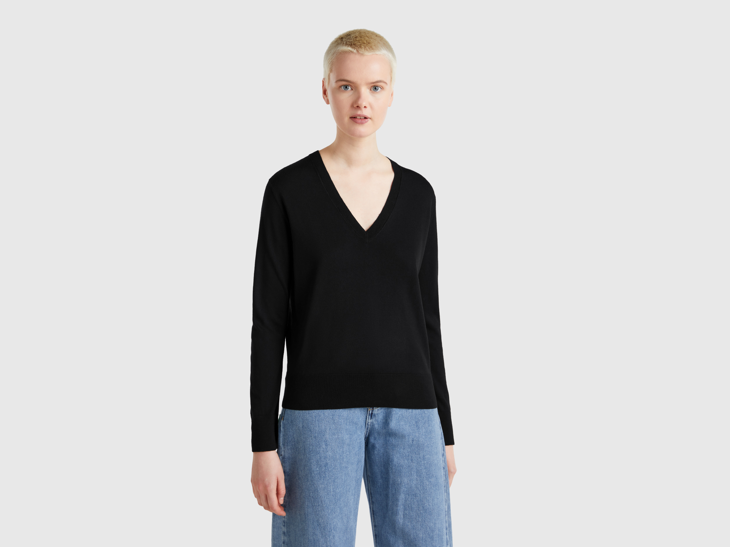 Benetton, Pull Col V En Soie Mélangée, taille L, Noir - United Colors of Benetton - Modalova