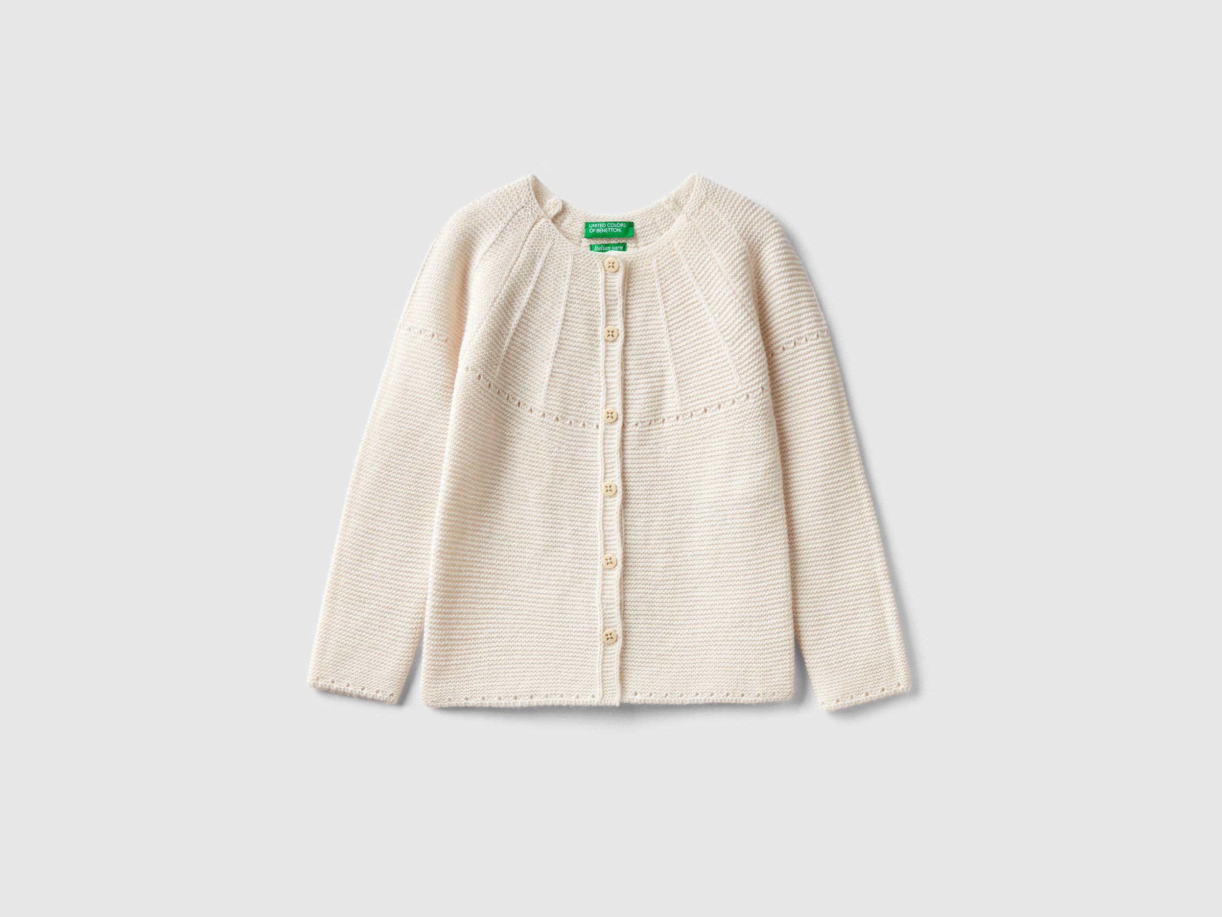 Benetton, Cardigan With Perforated Details, size 3-4, Creamy White, Kids