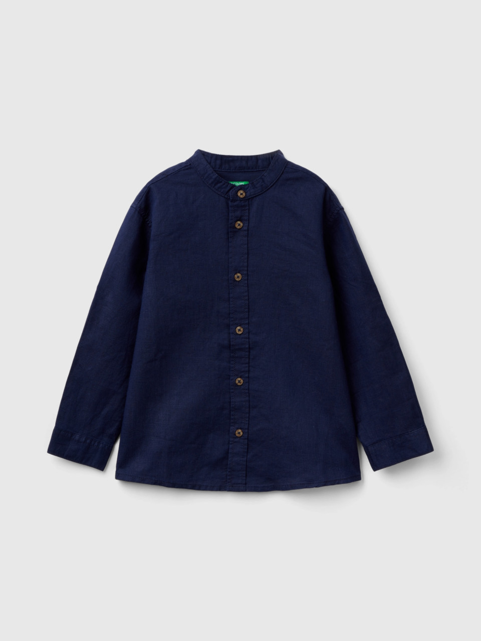 Benetton, Mandarin Collar Shirt In Linen Blend, Dark Blue, Kids