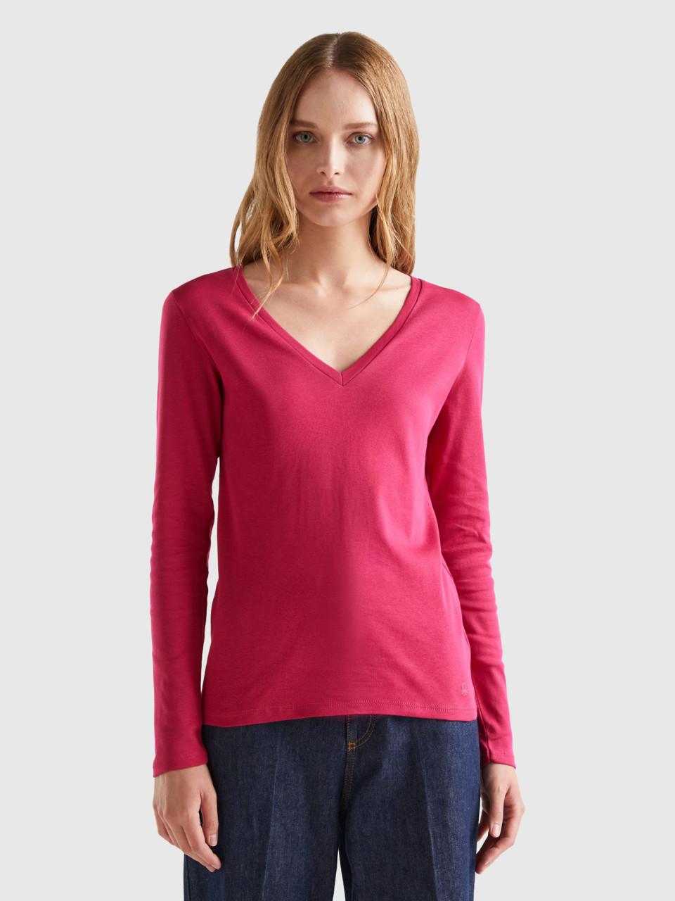 Benetton, Long Sleeve T-shirt With V-neck, Cyclamen, Women