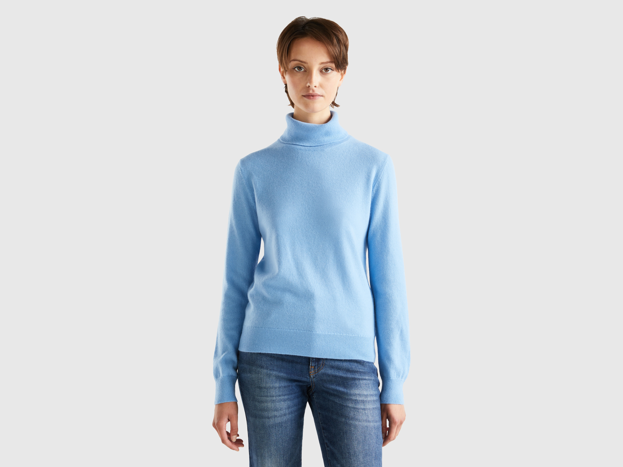 Benetton, Light Blue Turtleneck In Pure Cashmere, size S, Light Blue, Women