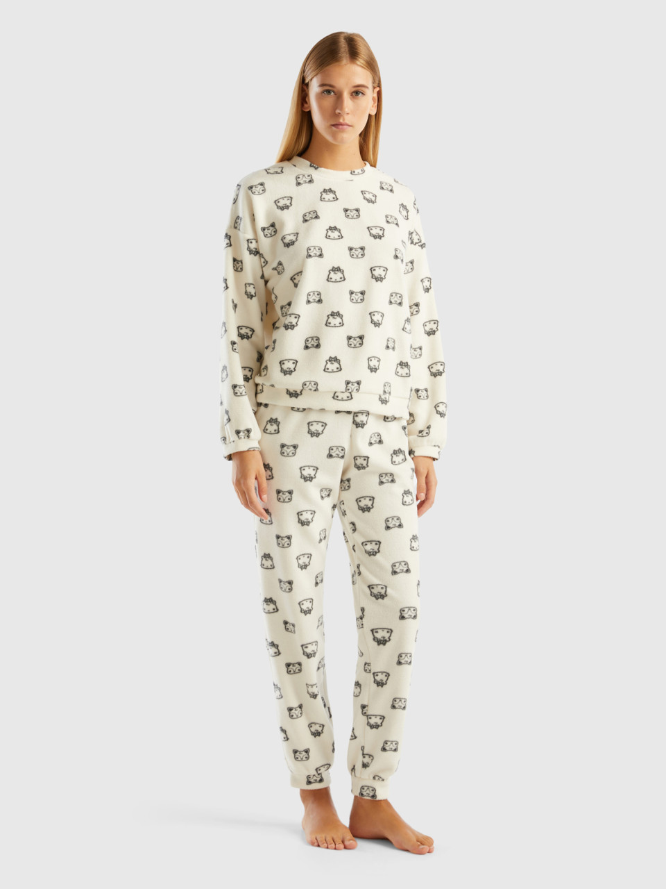 Benetton, Fleece Pyjamas With Mascot Print, Creamy White, Women