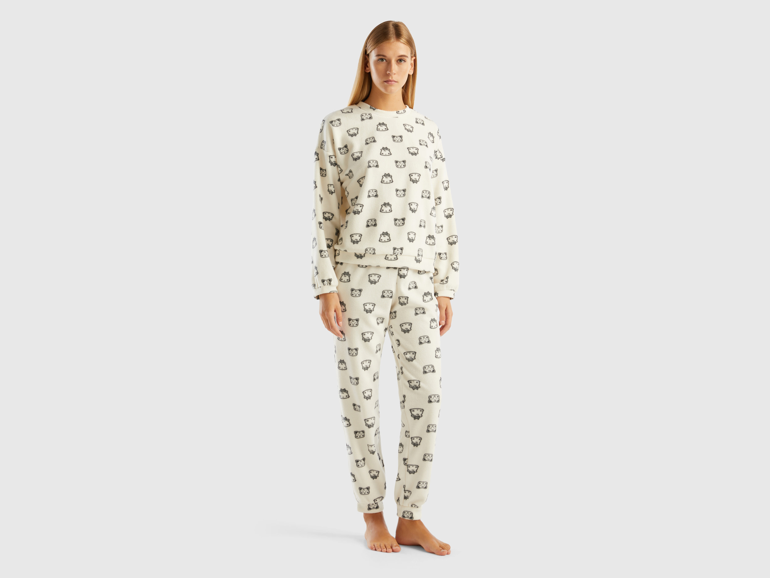 Benetton, Fleece Pyjamas With Mascot Print, size XS, Creamy White, Women