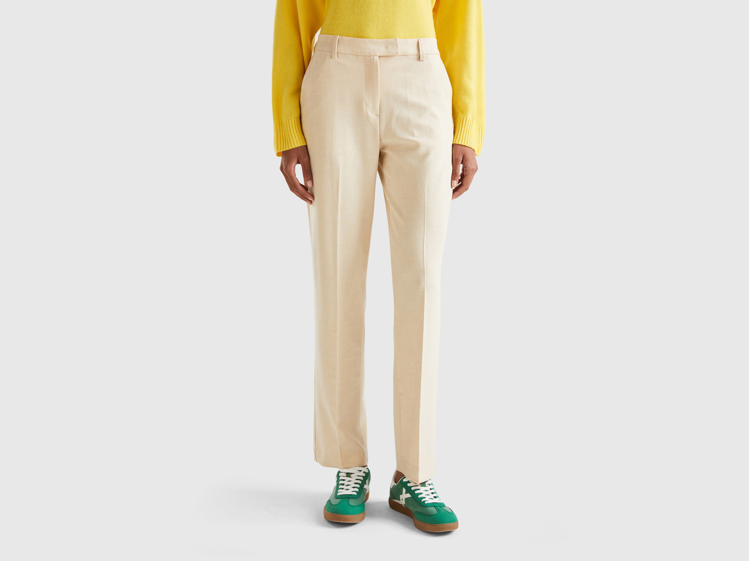 Benetton, Regular Fit Flowy Trousers, size 6, Beige, Women