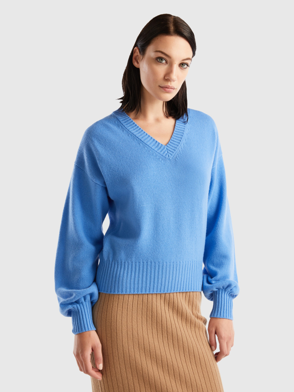 Benetton, Pullover Mit V-ausschnitt Aus Wollmischung, Azurblau, female