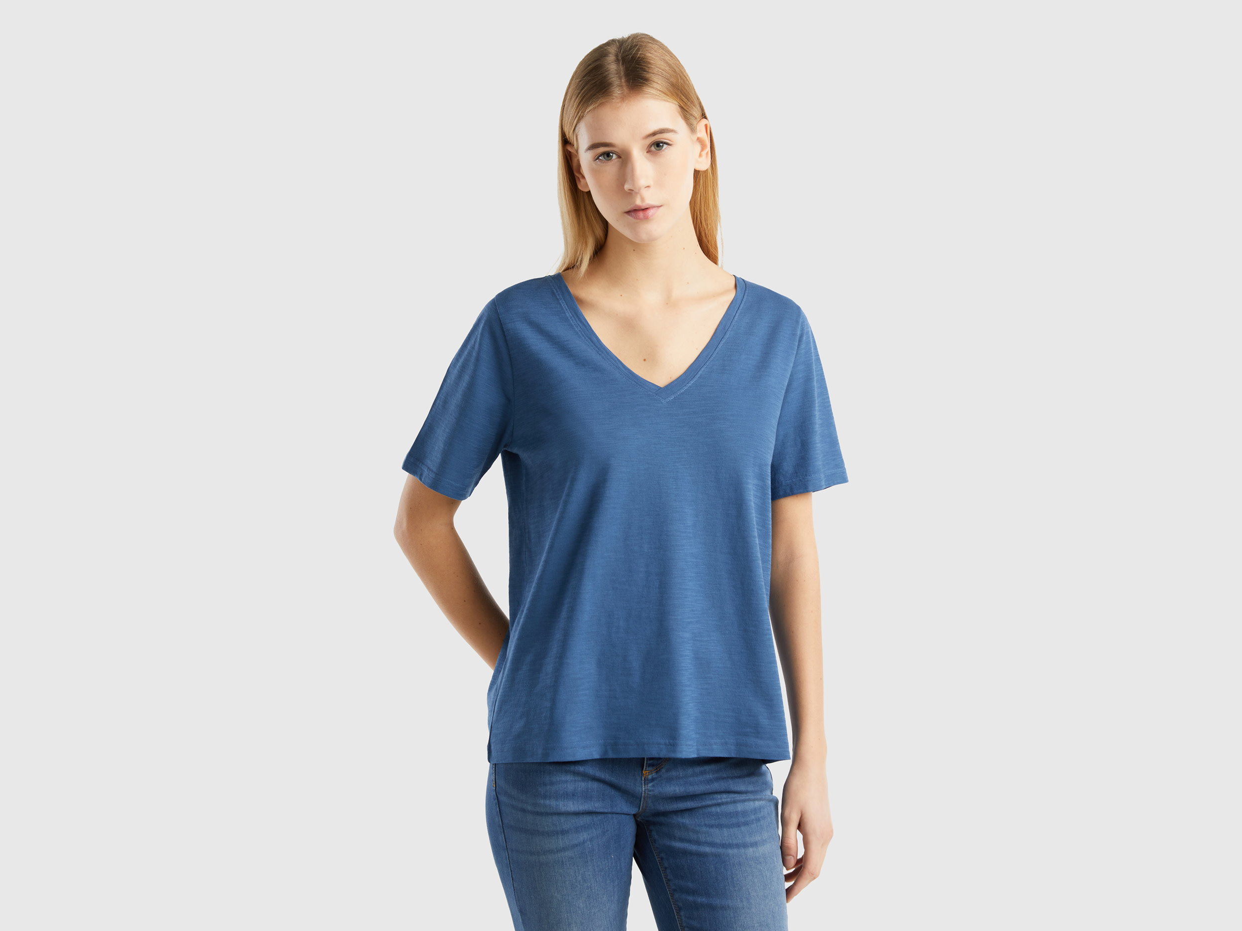 Benetton, V-neck T-shirt In Slub Cotton, size L, Air Force Blue, Women