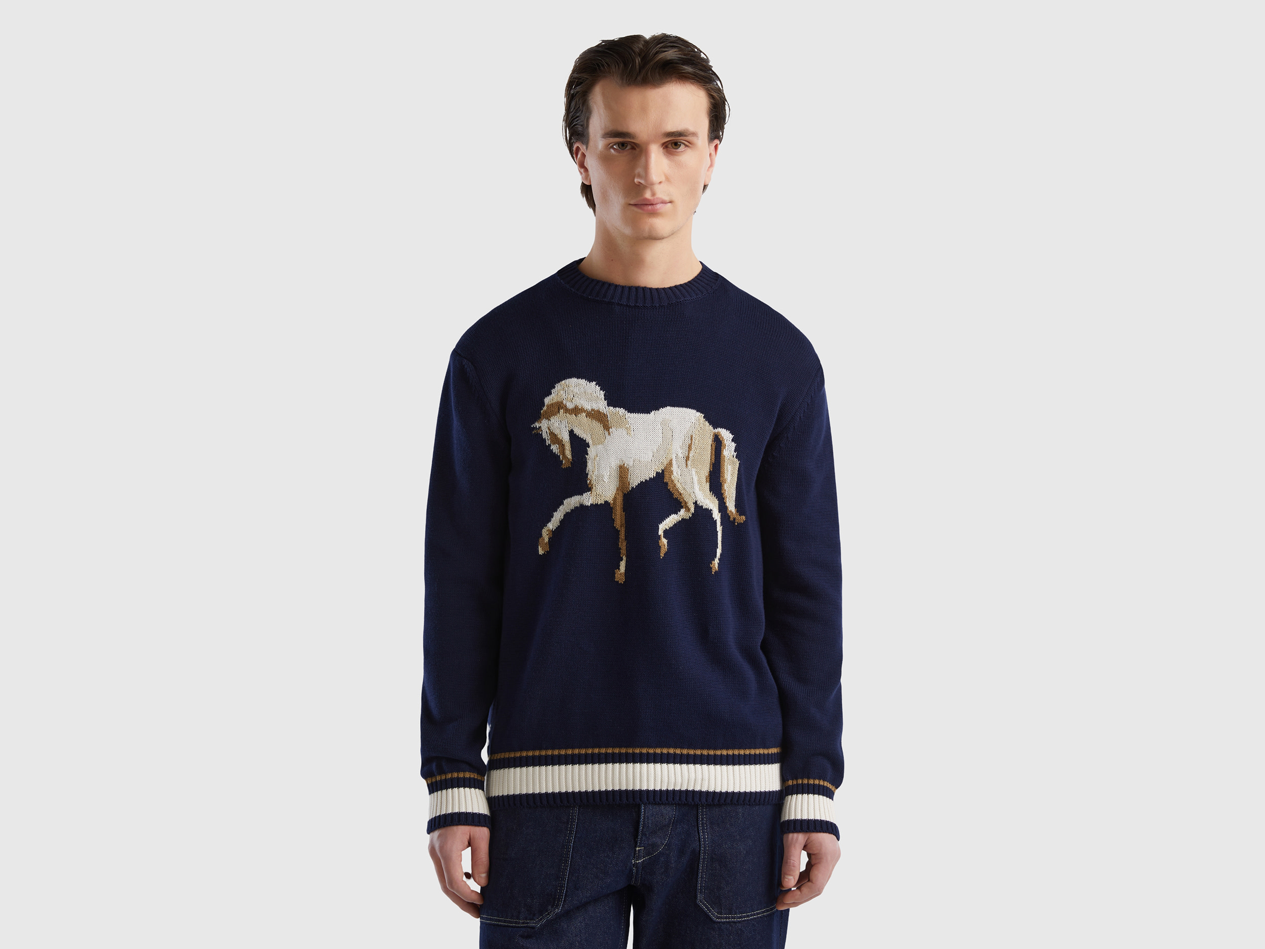 Benetton, Sweater With Horse Inlay, size XXL, Dark Blue, Men
