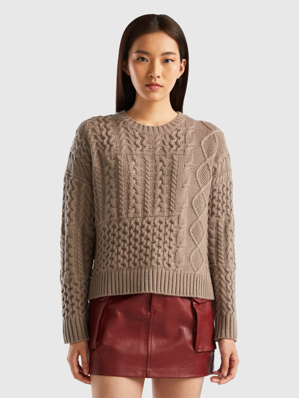 Benetton, Knit Patchwork Sweater, Dove Gray, Women