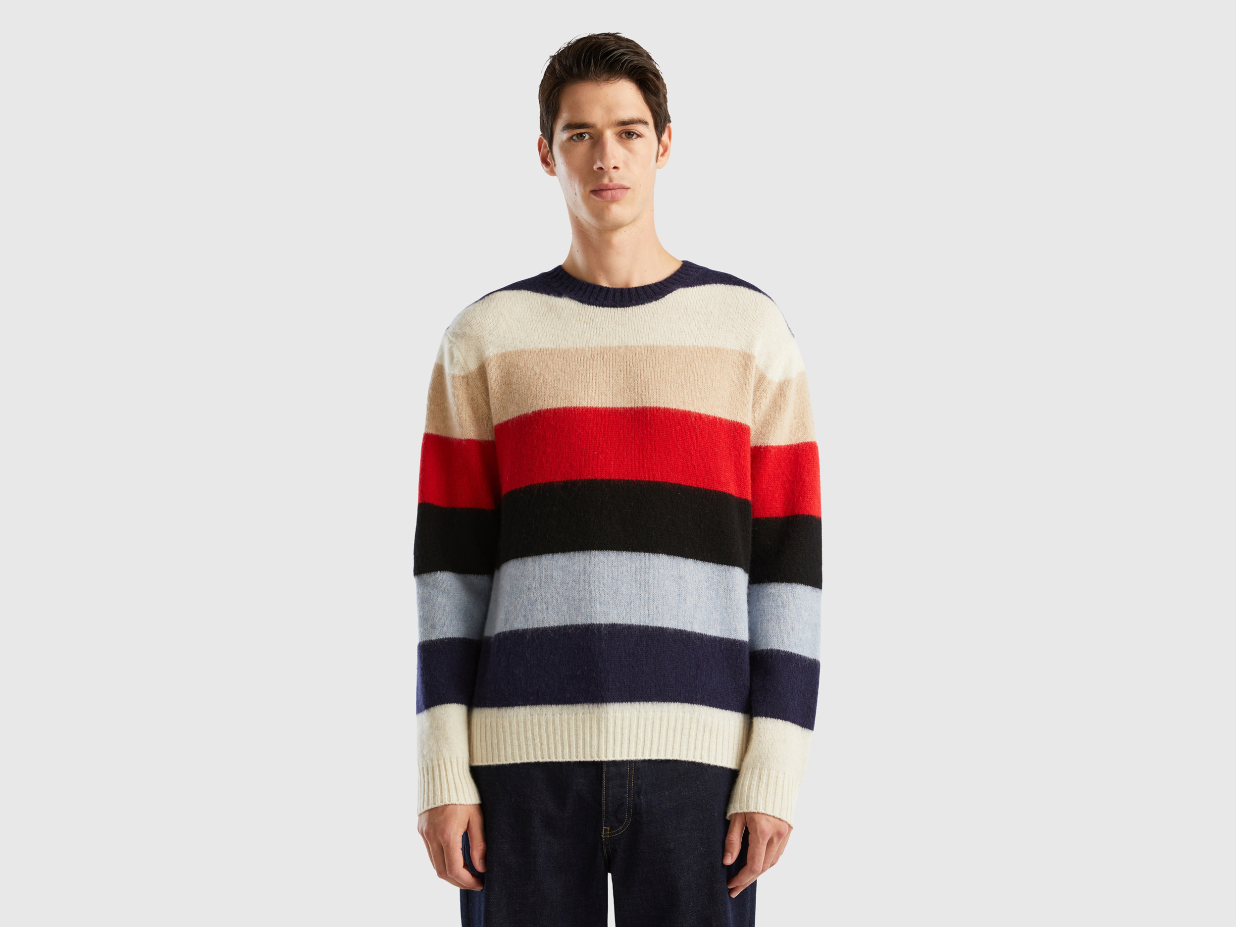 Benetton, Striped Sweater In Pure Shetland Wool, size XL, Multi-color, Men