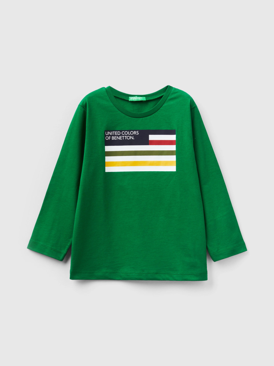 Benetton, T-shirt En Coton Bio À Manches Longues, Vert, Enfants