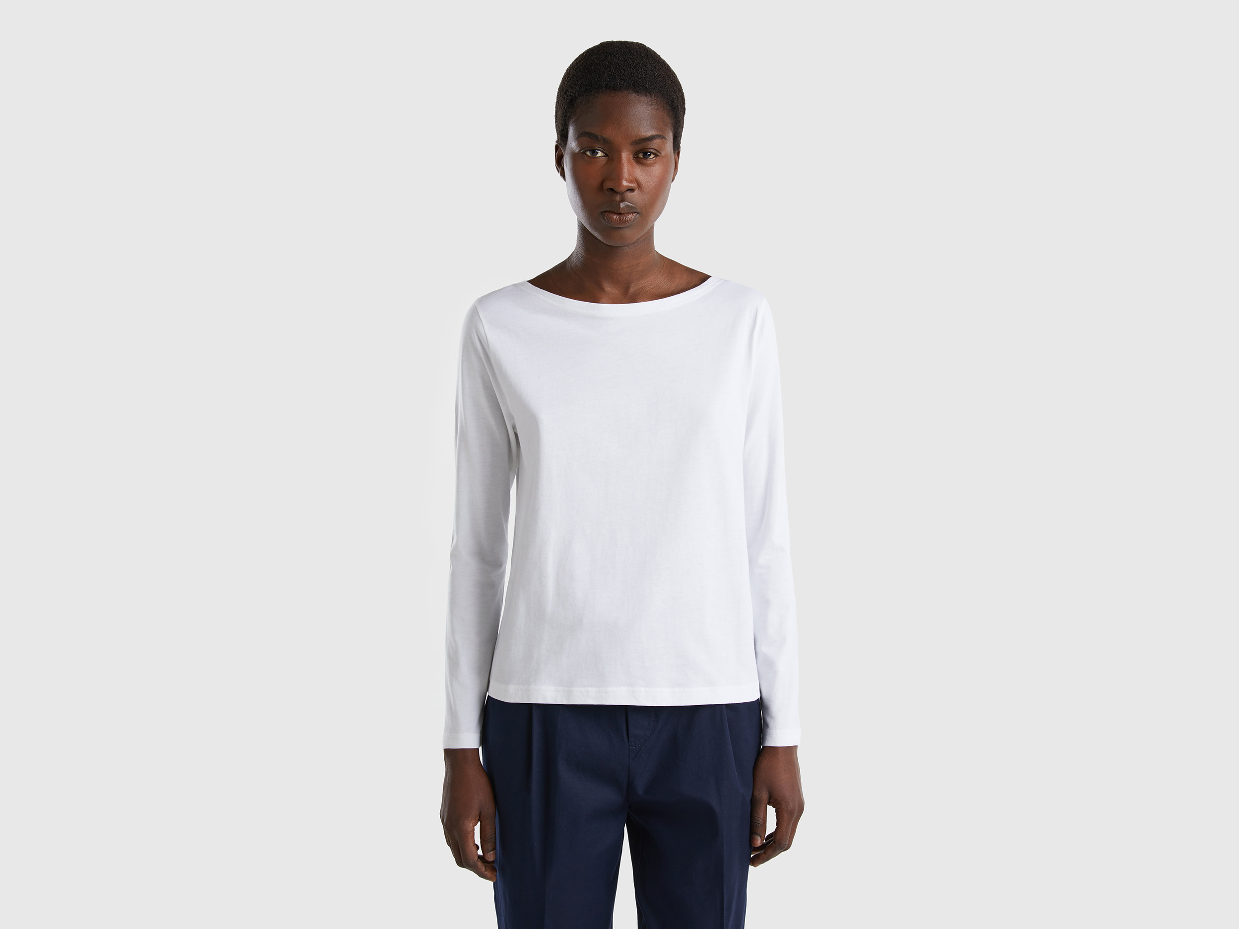 Benetton, T-shirt With Boat Neck In 100% Cotton, size L, White, Women