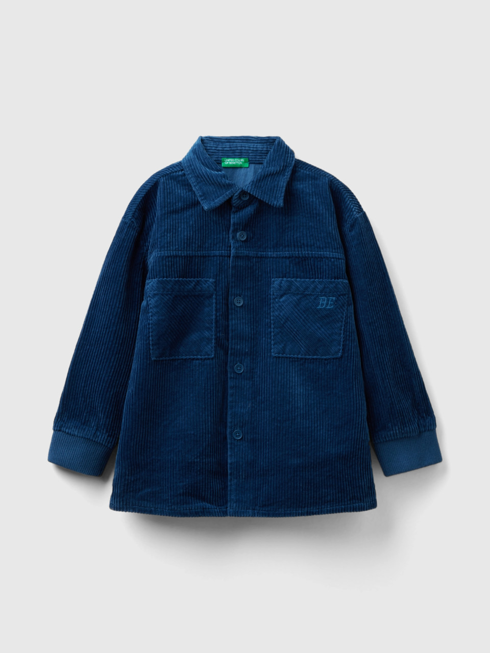 Benetton, Camisa Em Veludo Com Bolsos, Azul Força Aérea, Crianças