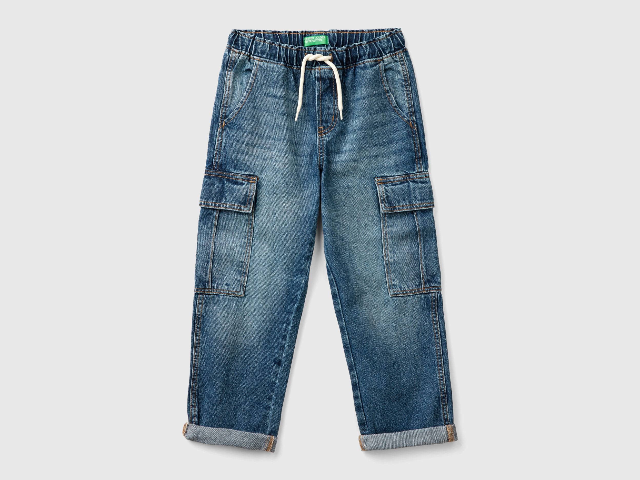 Benetton, Jeans Cargo Loose Fit, Azzurro, Bambini